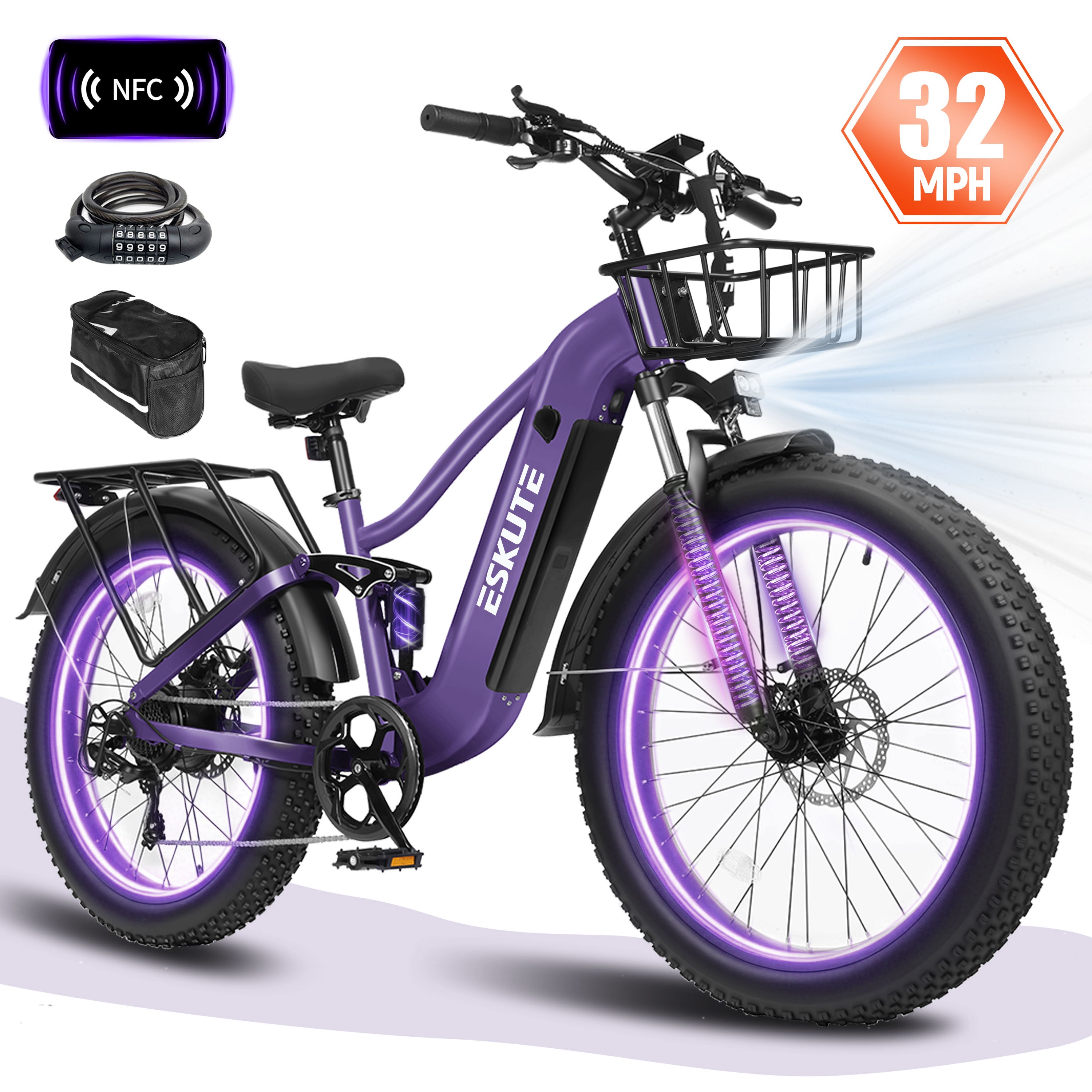 ESKUTE C300R Electric Bike for Adults, 32MPH High-Speed 1500W Motor, 80-Mile Range 48V 20.8Ah Battery, 26"x4.0" Fat Tire Ebike, Full Suspension, 8-Speed Black