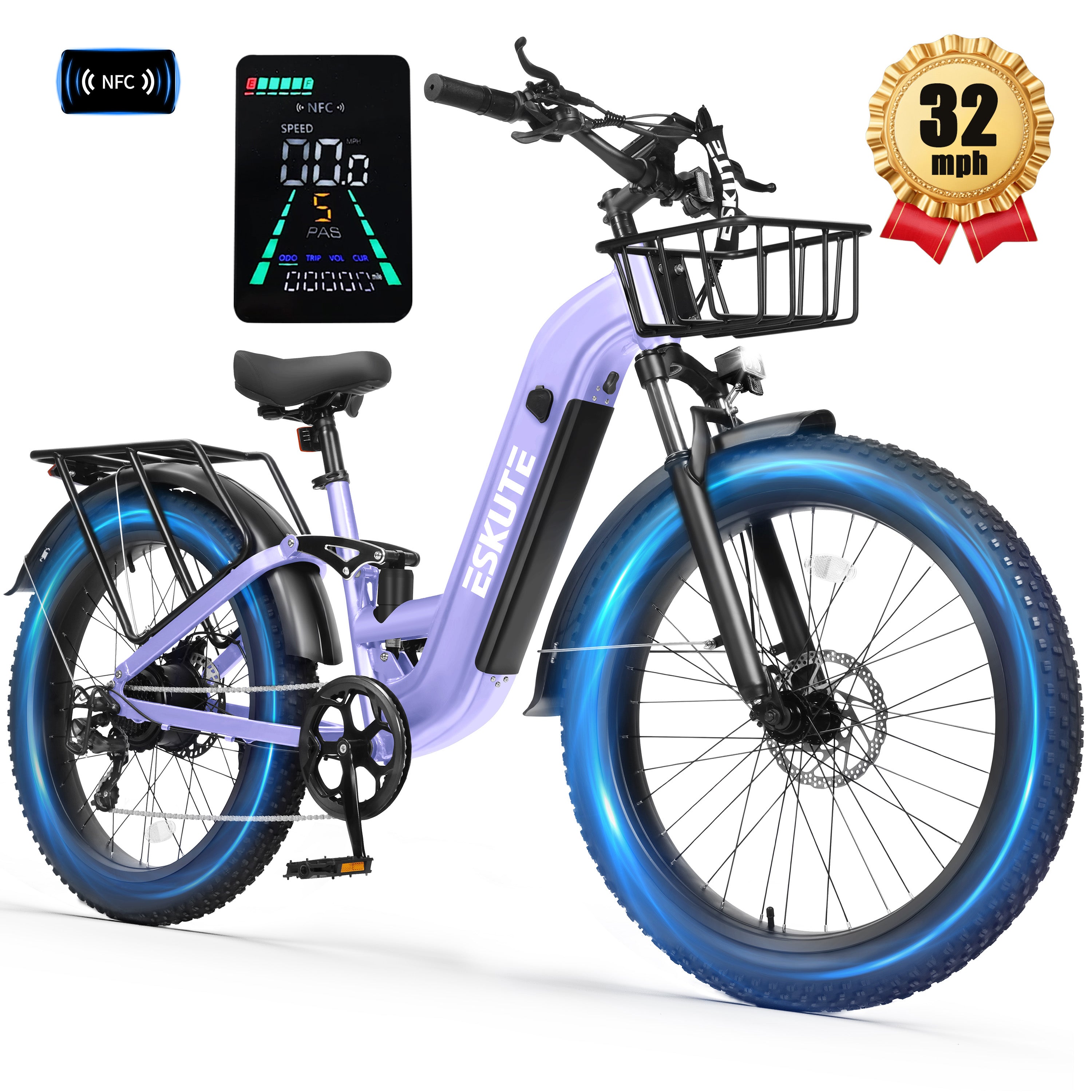 C300 1500W Electric Bike for Adults, 48V 20.8Ah Battery, 32MPH, 80 Miles Range, 26"x4.0" Fat Tire Step-Thru Ebike, Full Suspension Electric Bicycle, 8-Speed Black