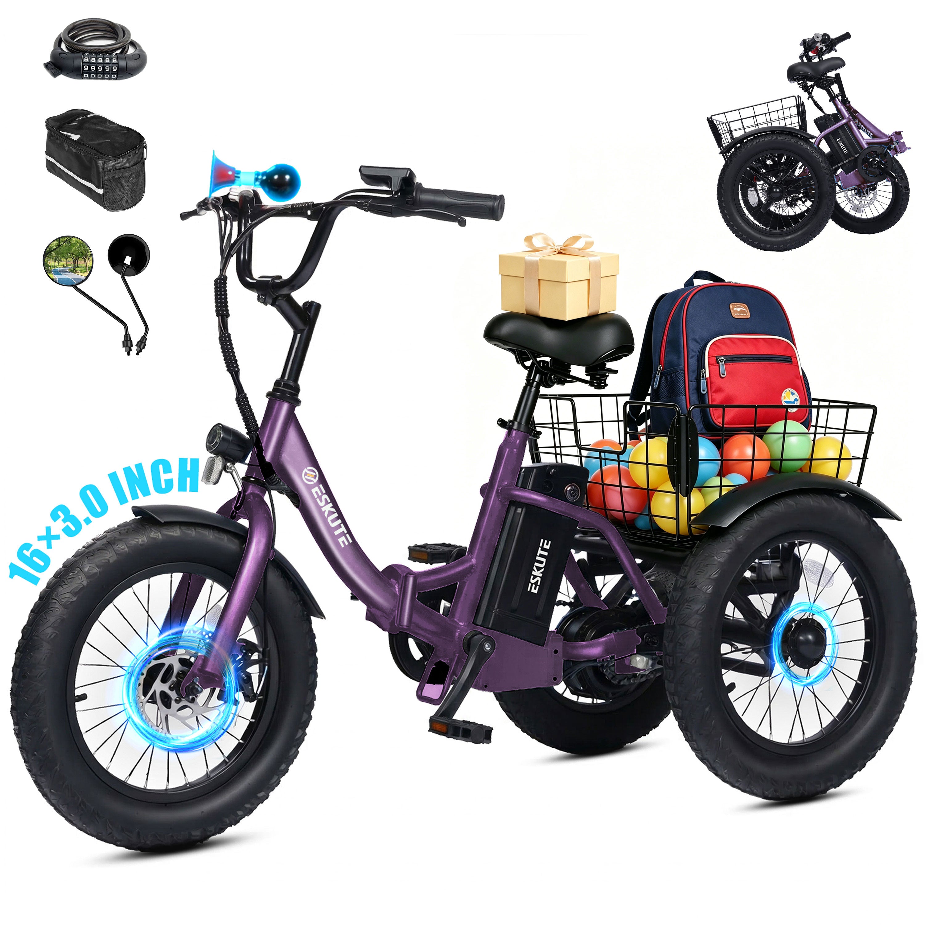 ESKUTE T300M Electric Tricycle for Beginners, Folding 3-Wheel E-Bike with 500W Peak Motor, 302Wh Battery, 12.5 MPH , 16" x 3.0 Fat Tires, Step-Thru, Blue