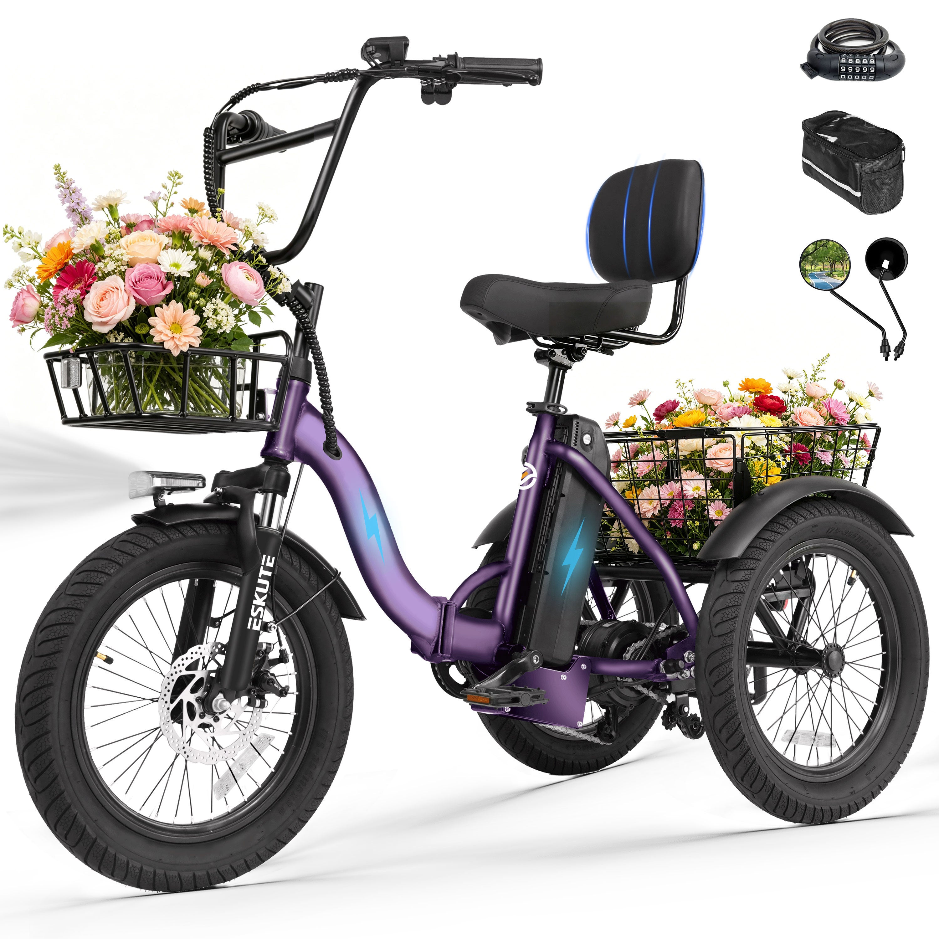 ESKUTE Adult Electric Tricycle, Folding Step-Thru E-Trike with Removable Battery, 18" x 3.0" Fat Tires, Long Range 3-Wheel Electric Bicycle for Daily Riding UL2849, Black