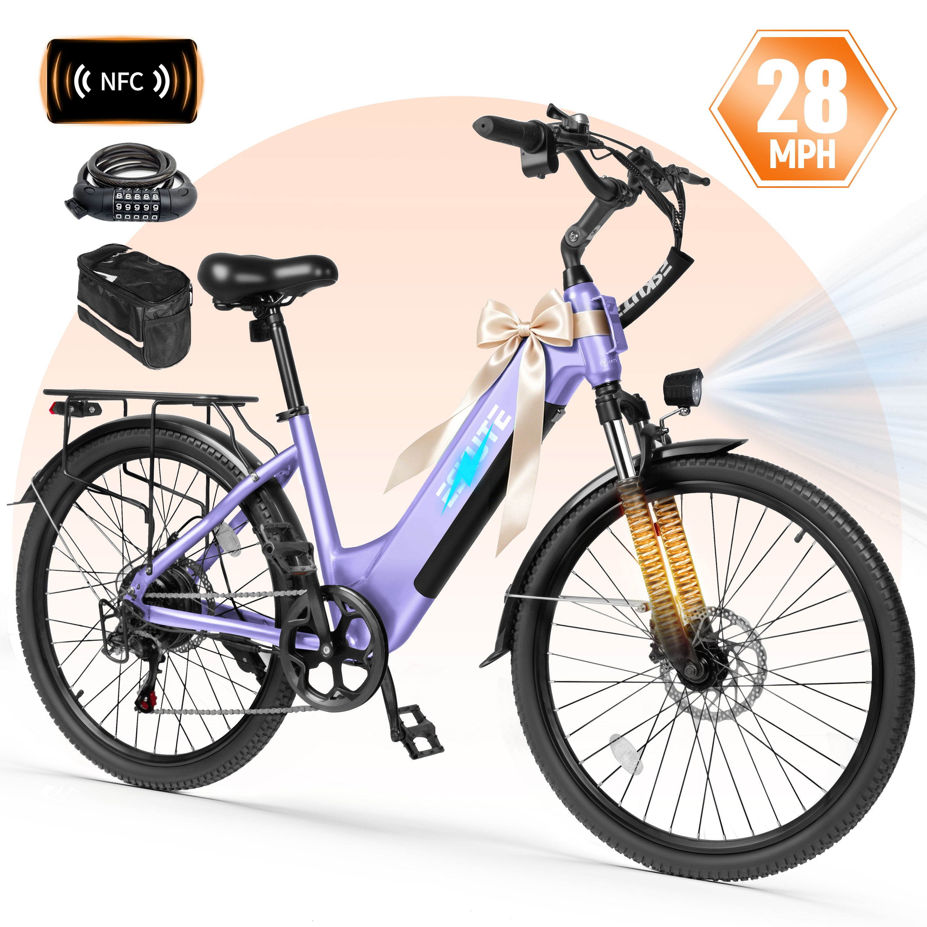 ESKUTE C200D Electric Bike for Adults – 1300W Peak Motor, 28MPH Step-Thru Ebike, 840Wh Removable Battery , Up to 70 Miles, 26" Tires, 7-Speed White