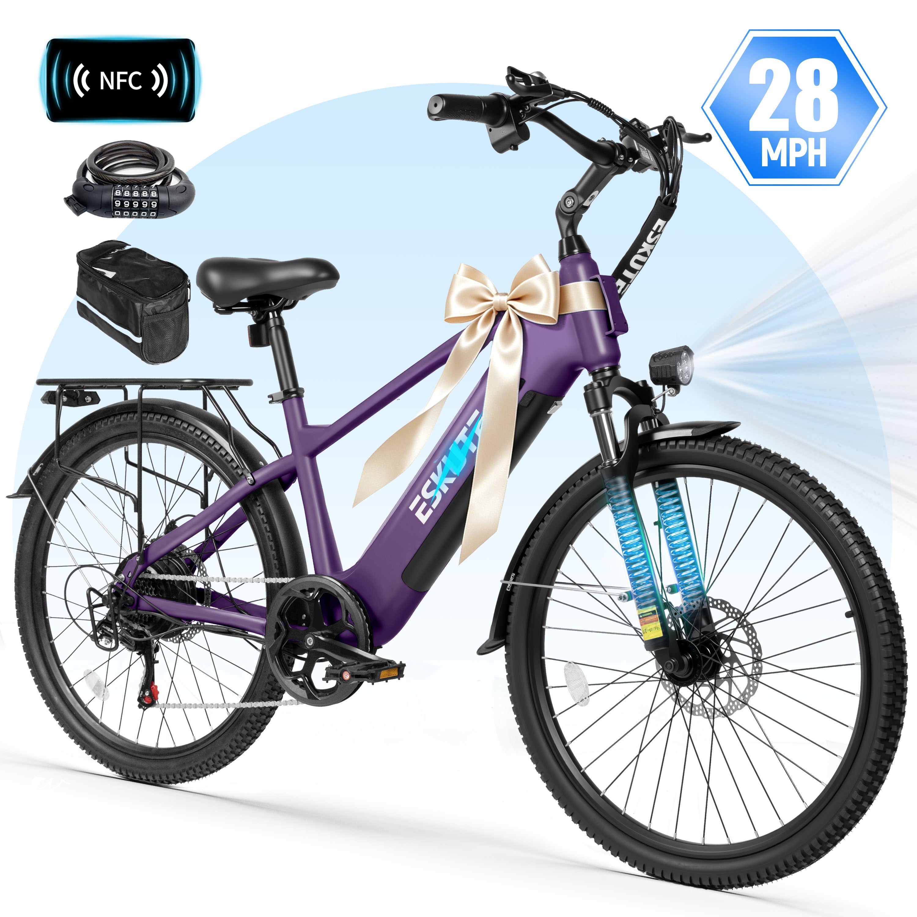 ESKUTE C200D 70-Mile Electric Bike for Adults, 840Wh Removable Battery, 1300W Peak Motor, Up to 28MPH, 26" Tires, 7-Speed Step-Over E-Bike Black
