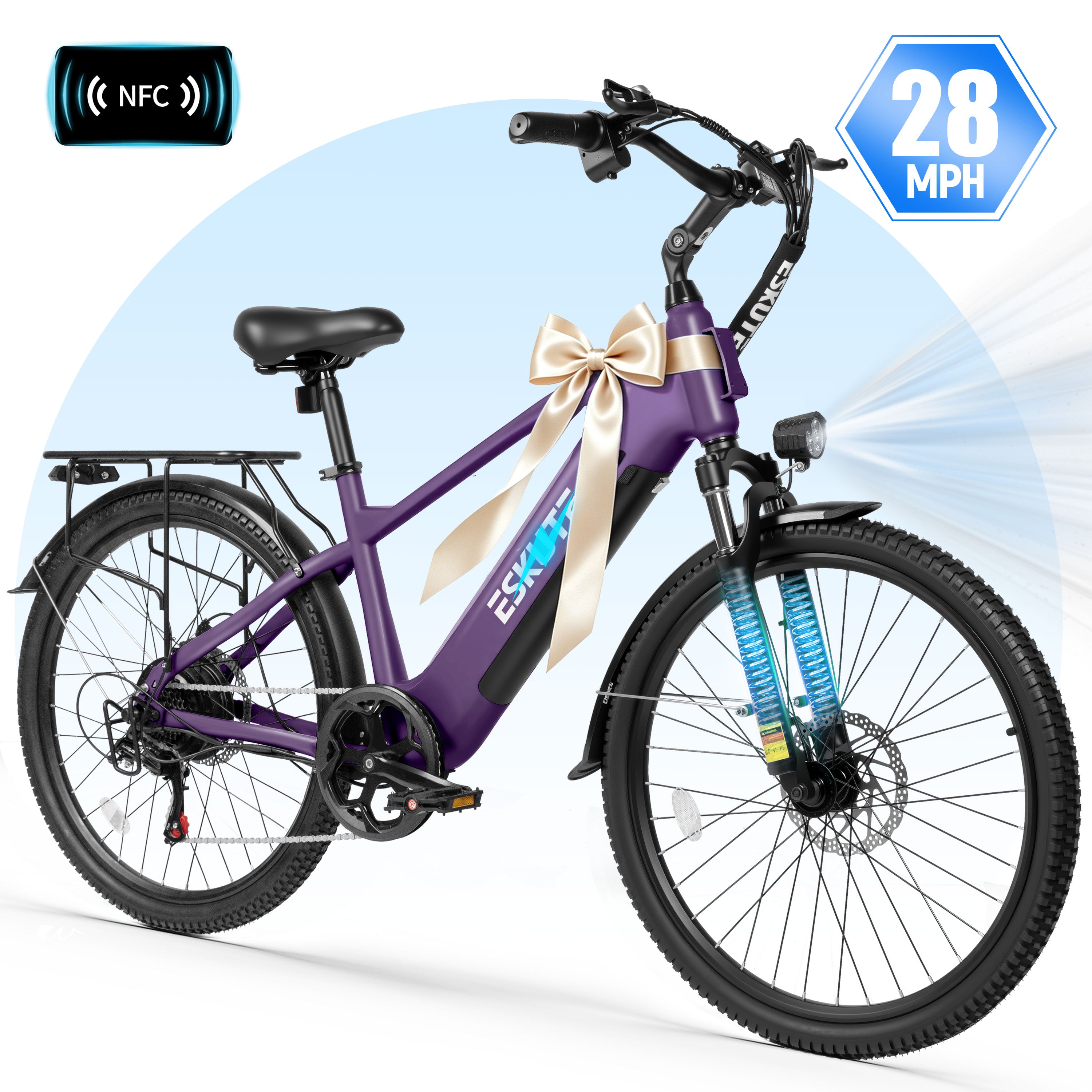ESKUTE C200D 70-Mile Electric Bike for Adults, 840Wh Removable Battery, 1300W Peak Motor, Up to 28MPH, 26" Tires, 7-Speed Step-Over E-Bike Black