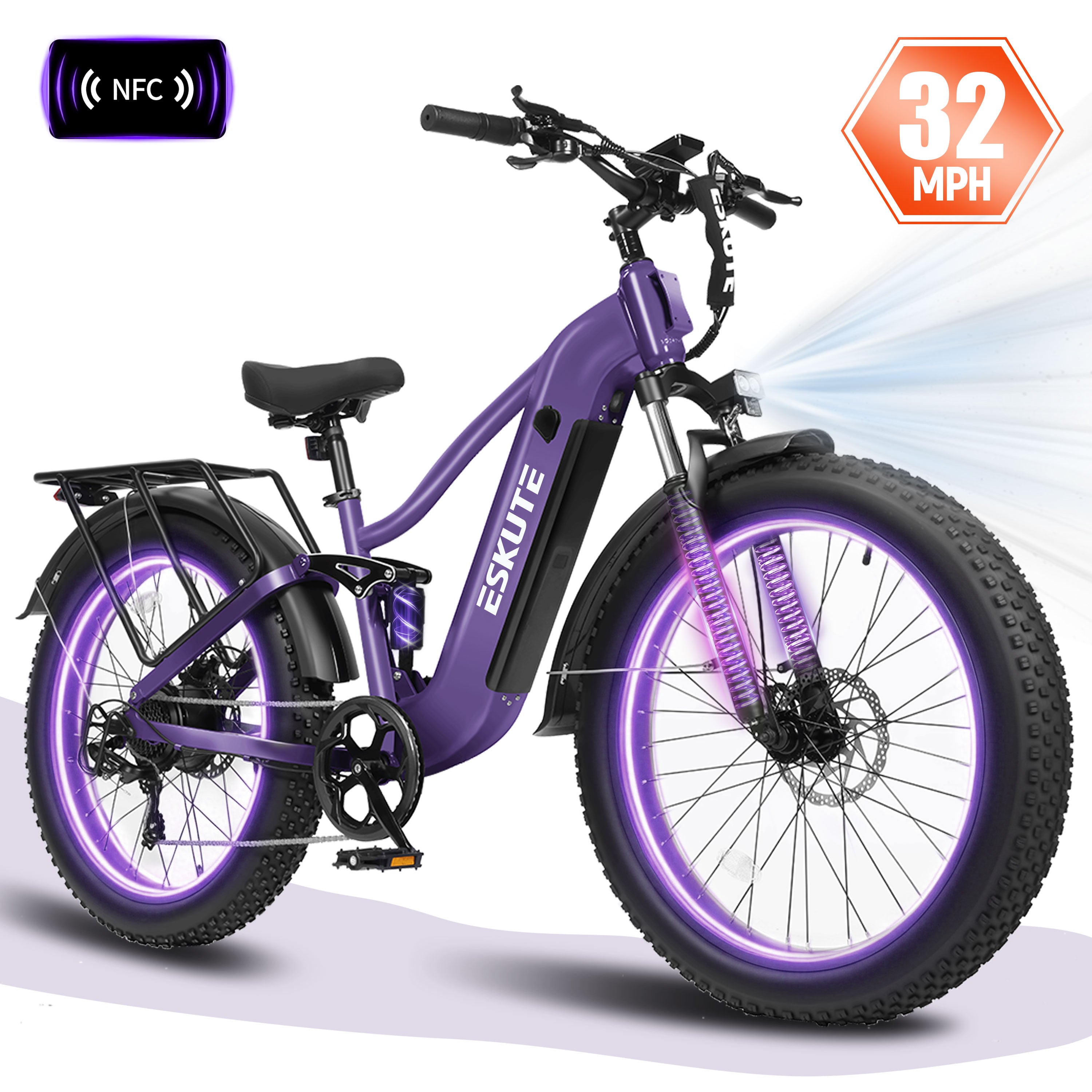 ESKUTE C300R Electric Bike for Adults, 32MPH High-Speed 1500W Motor, 80-Mile Range 48V 20.8Ah Battery, 26"x4.0" Fat Tire Ebike, Full Suspension, 8-Speed Black