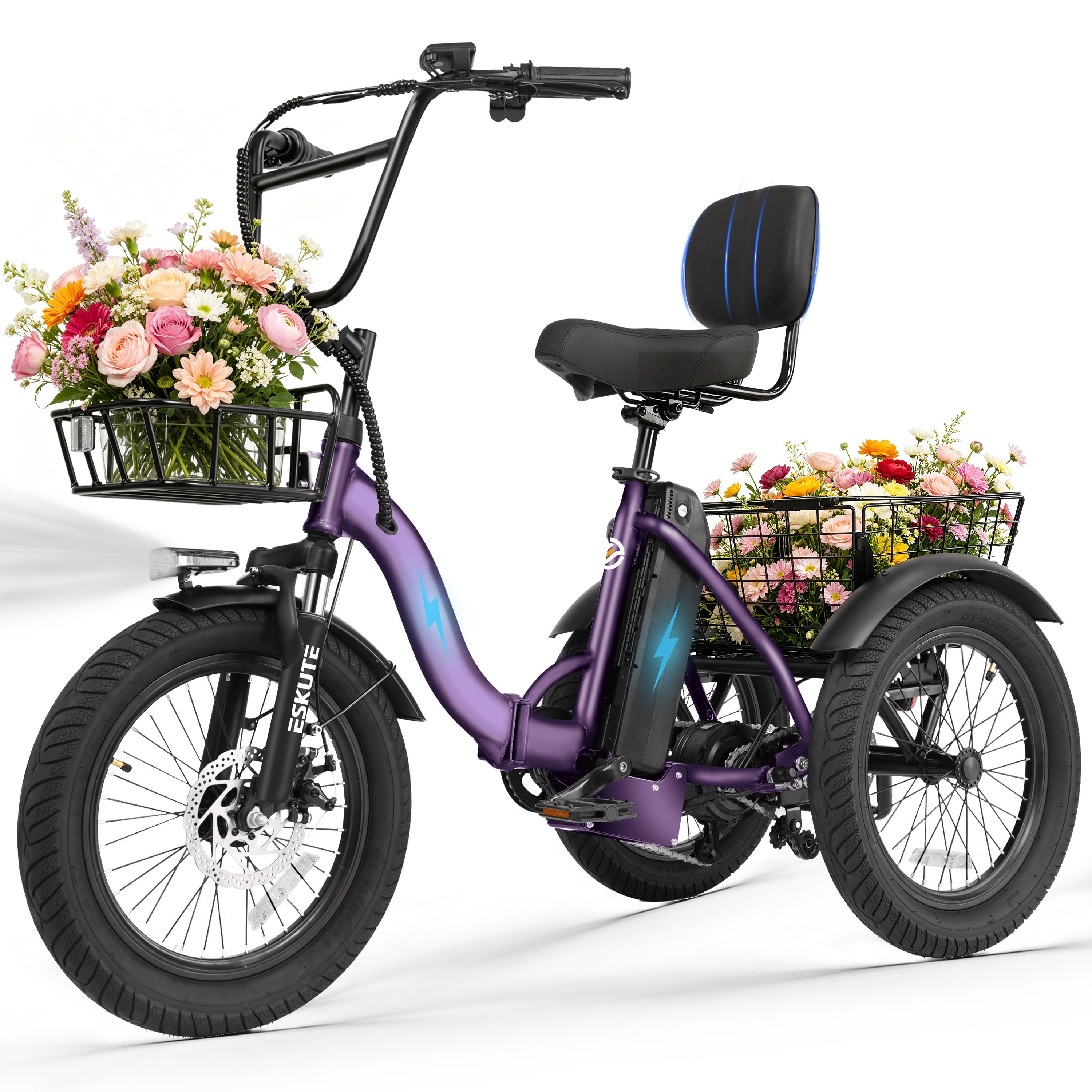 ESKUTE Adult Electric Tricycle, Folding Step-Thru E-Trike with Removable Battery, 18" x 3.0" Fat Tires, Long Range 3-Wheel Electric Bicycle for Daily Riding UL2849, Black