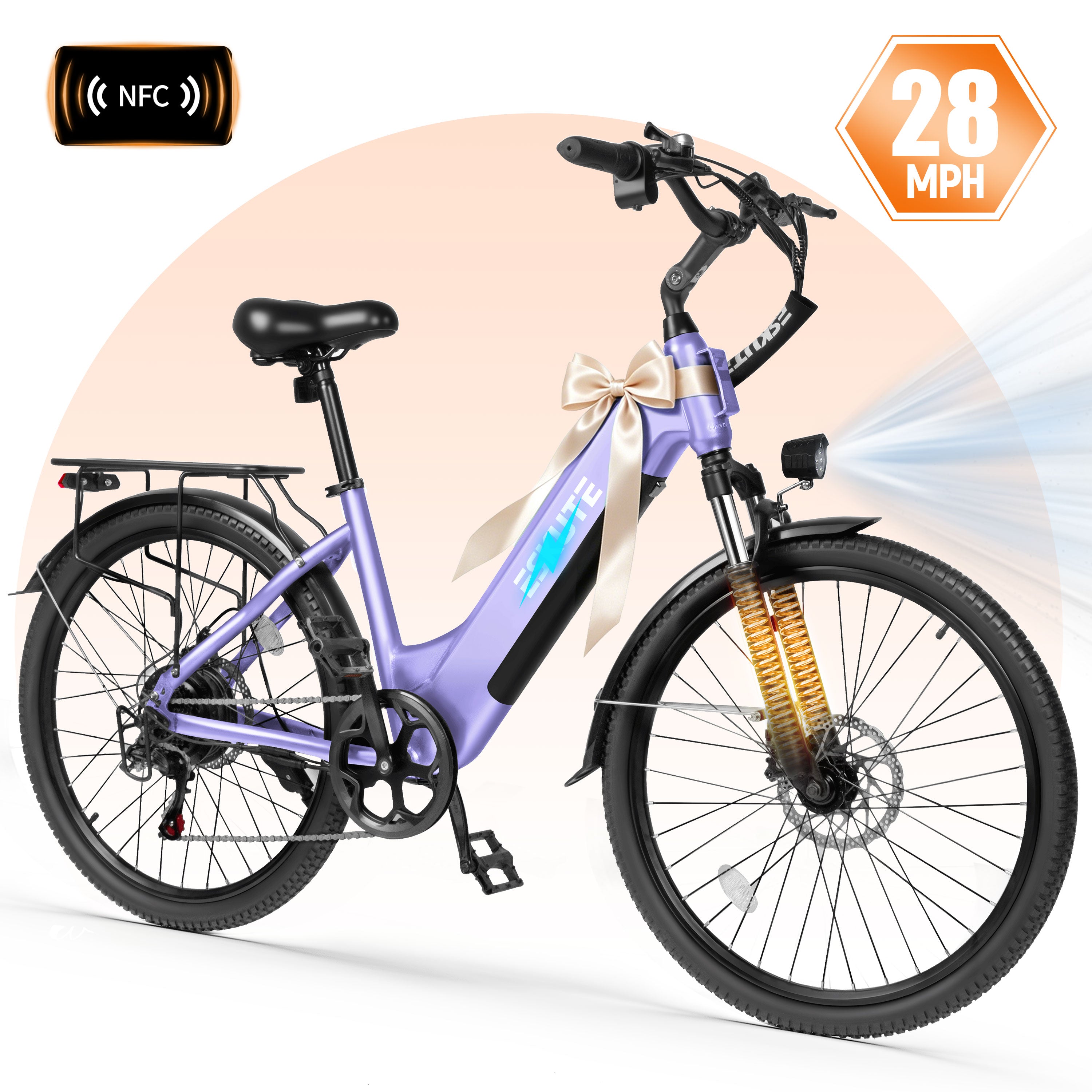 ESKUTE C200D Electric Bike for Adults – 1300W Peak Motor, 28MPH Step-Thru Ebike, 840Wh Removable Battery , Up to 70 Miles, 26" Tires, 7-Speed White