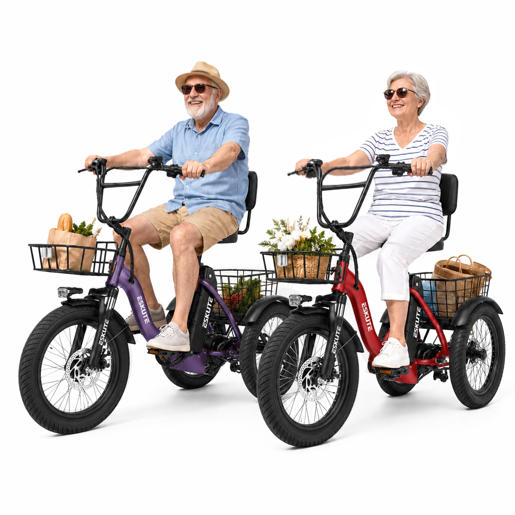 ESKUTE 2 Pcs T300 E Trike Electric Tricycle for Adults, 750W Brushless Motor 18MPH+ Fat Tire Folding Trike, Step-Thru 3 Wheel Electric Bicycle, Up to 55 Miles Black & White