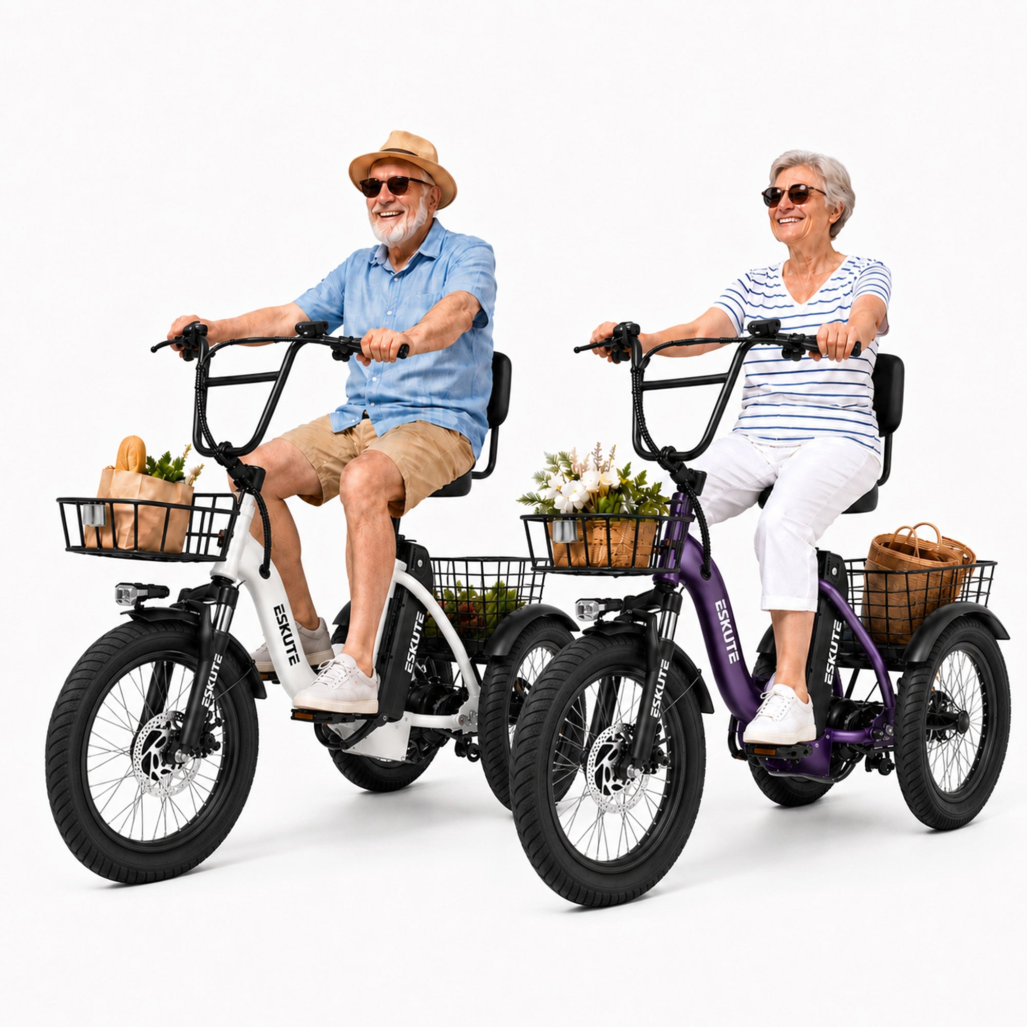 ESKUTE 2 Pcs T300 E Trike Electric Tricycle for Adults, 750W Brushless Motor 18MPH+ Fat Tire Folding Trike, Step-Thru 3 Wheel Electric Bicycle, Up to 55 Miles Black & White