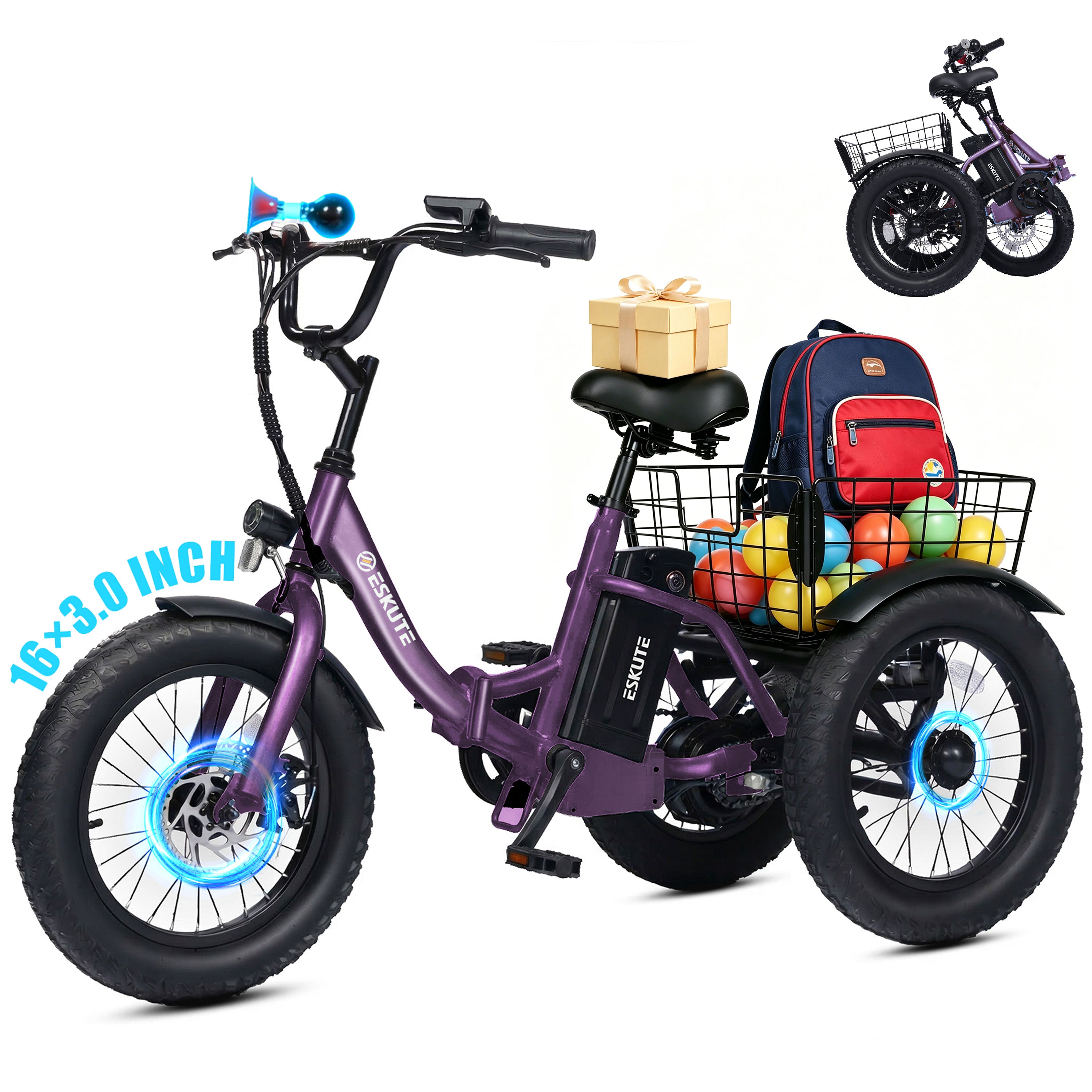ESKUTE T300M Electric Tricycle for Beginners, Folding 3-Wheel E-Bike with 500W Peak Motor, 302Wh Battery, 12.5 MPH , 16" x 3.0 Fat Tires, Step-Thru, Blue