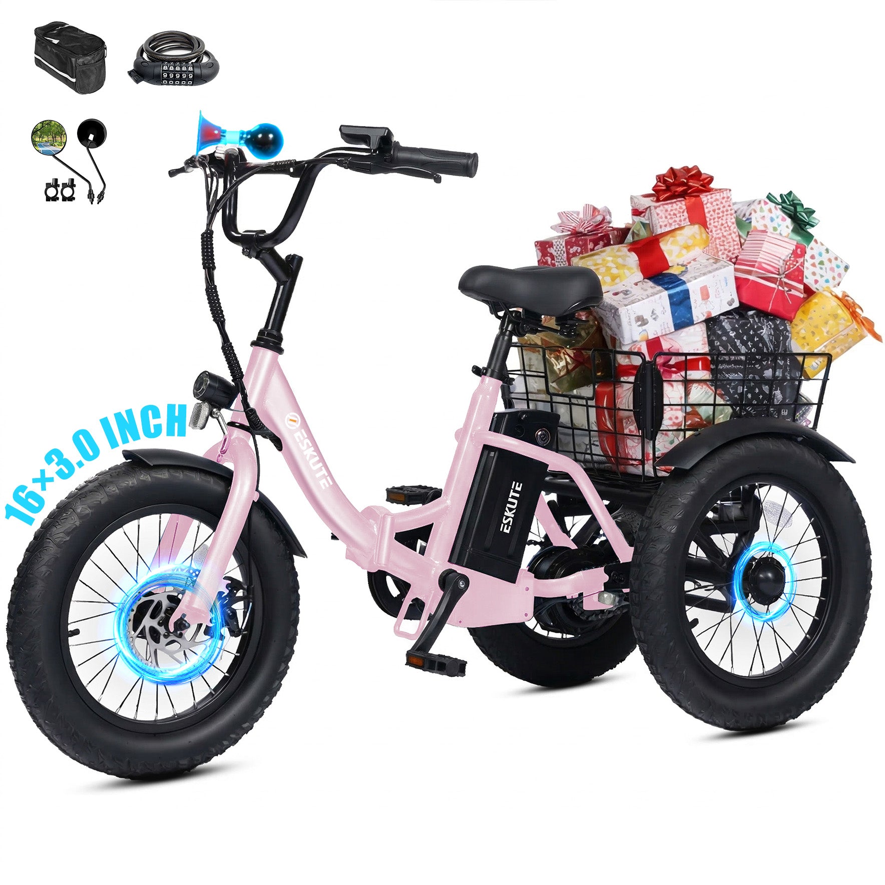T300mini Electric Tricycle for Beginners, 16" x 3.0 Fat Tire Folding 3-Wheel E-Bike, 500W Peak Motor, 302Wh Battery, Step-Thru, 12.5 MPH, Black