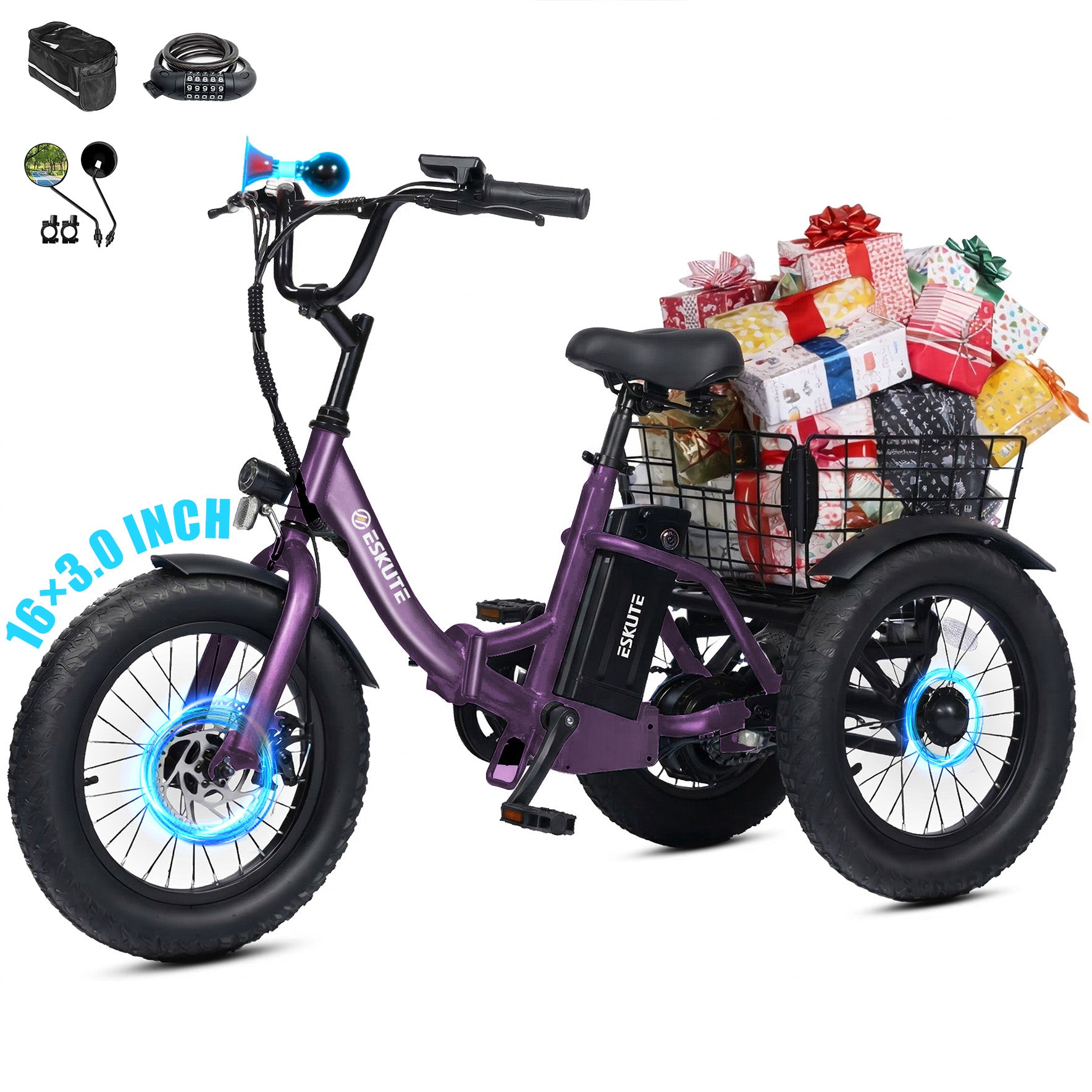 T300mini Electric Tricycle for Beginners, 16" x 3.0 Fat Tire Folding 3-Wheel E-Bike, 500W Peak Motor, 302Wh Battery, Step-Thru, 12.5 MPH, Black