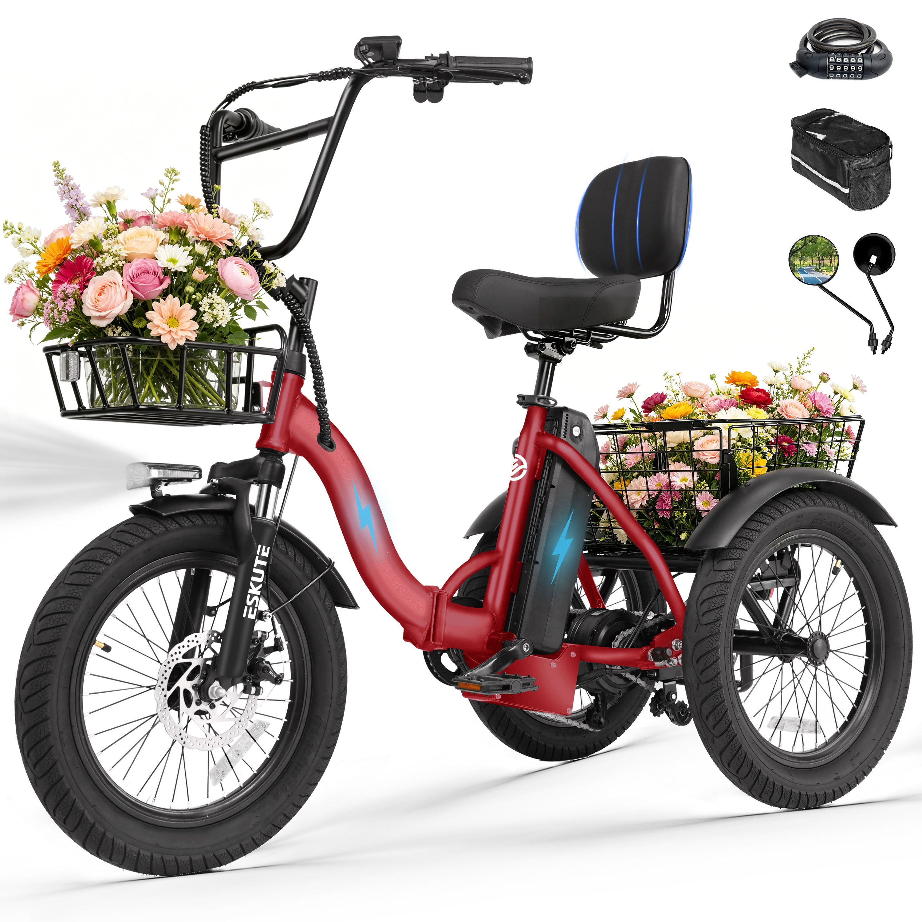 ESKUTE Adult Electric Tricycle, Folding Step-Thru E-Trike with Removable Battery, 18" x 3.0" Fat Tires, Long Range 3-Wheel Electric Bicycle for Daily Riding UL2849, Black