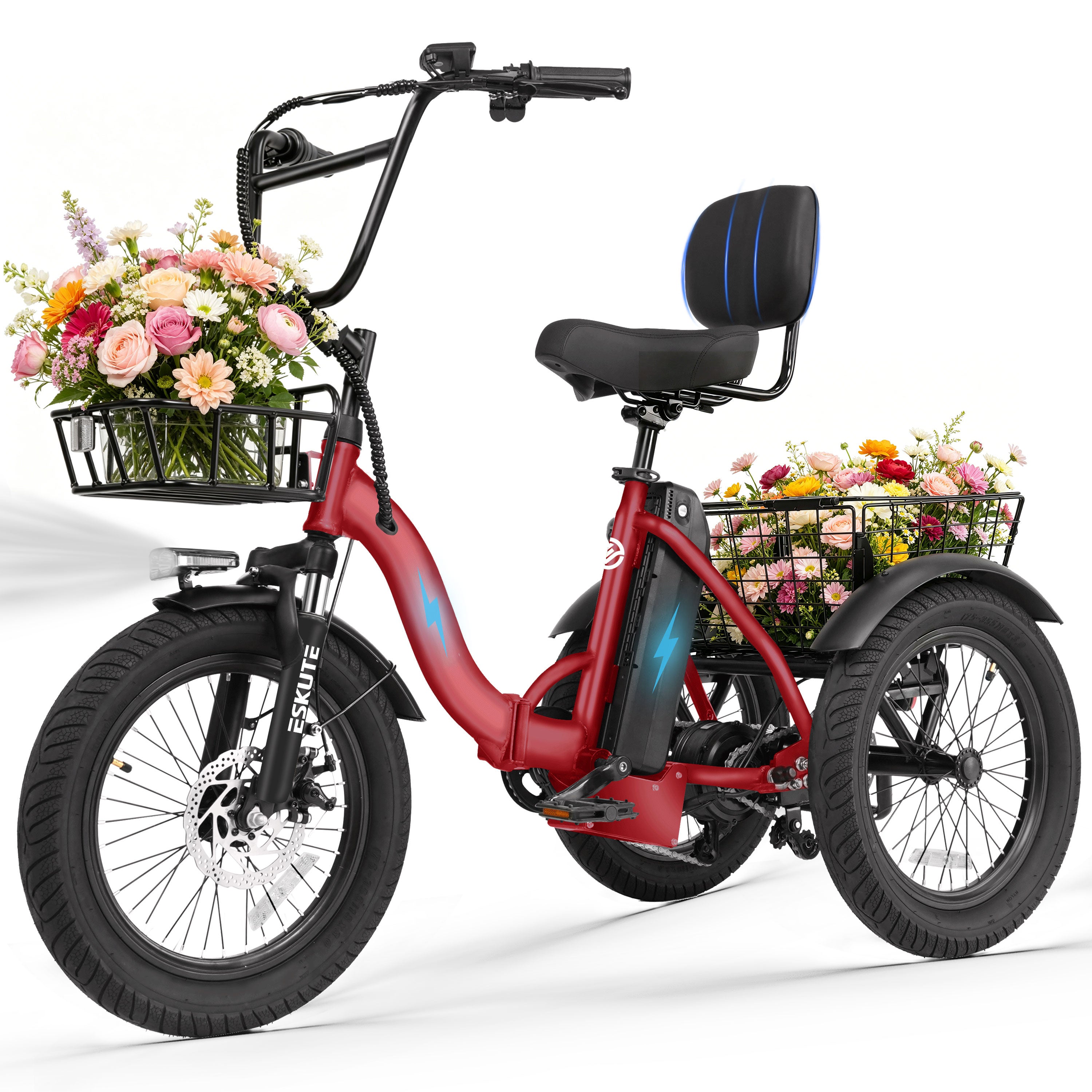 ESKUTE Adult Electric Tricycle, Folding Step-Thru E-Trike with Removable Battery, 18" x 3.0" Fat Tires, Long Range 3-Wheel Electric Bicycle for Daily Riding UL2849, Black