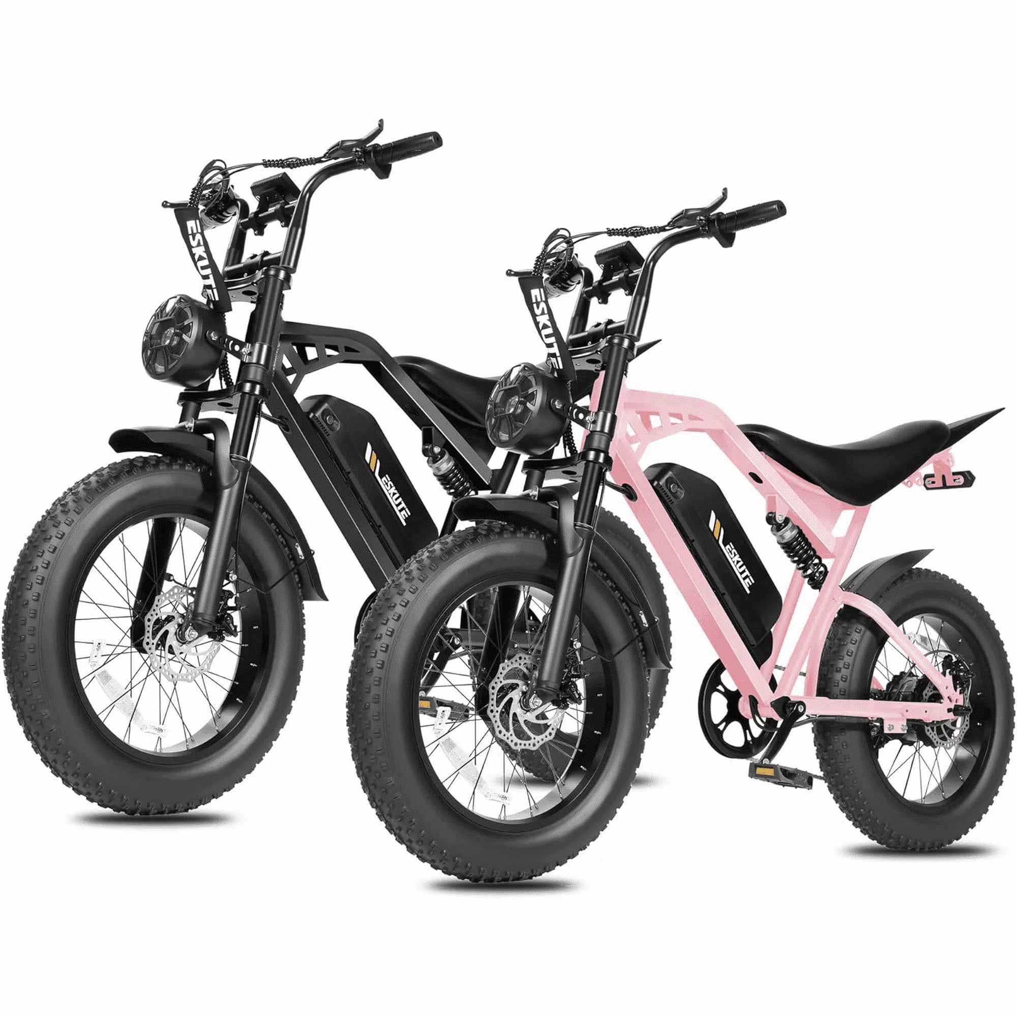 ESKUTE 2 Pcs V200 Electric Bike for Adults & Teens, 29MPH, 80 Miles Range, 48V 20.8Ah Battery, 20" x 4.0 Fat Tire, Dual Suspension, 7-Speed Off-Road Ebike Black & Orange,