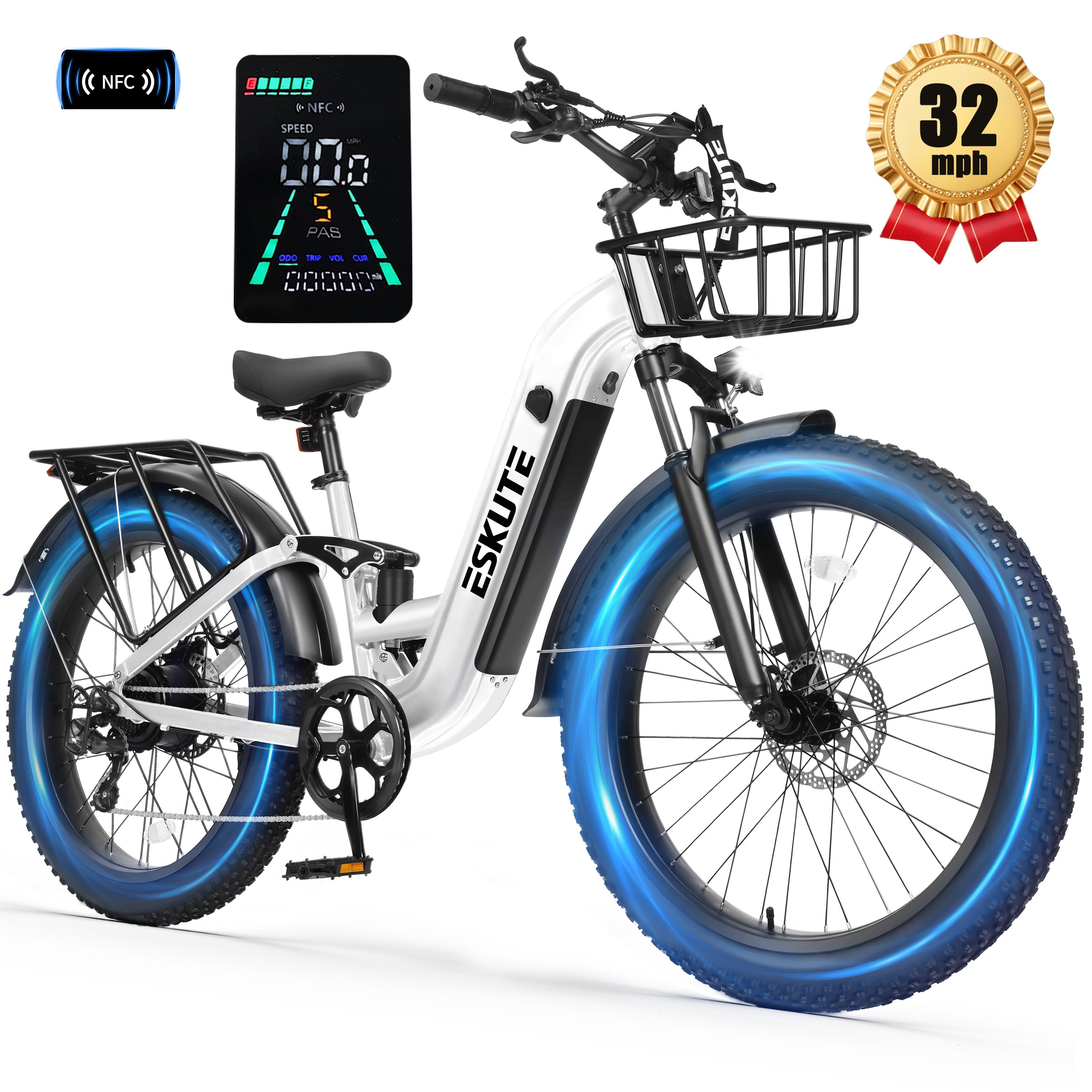 C300 1500W Electric Bike for Adults, 48V 20.8Ah Battery, 32MPH, 80 Miles Range, 26"x4.0" Fat Tire Step-Thru Ebike, Full Suspension Electric Bicycle, 8-Speed Black