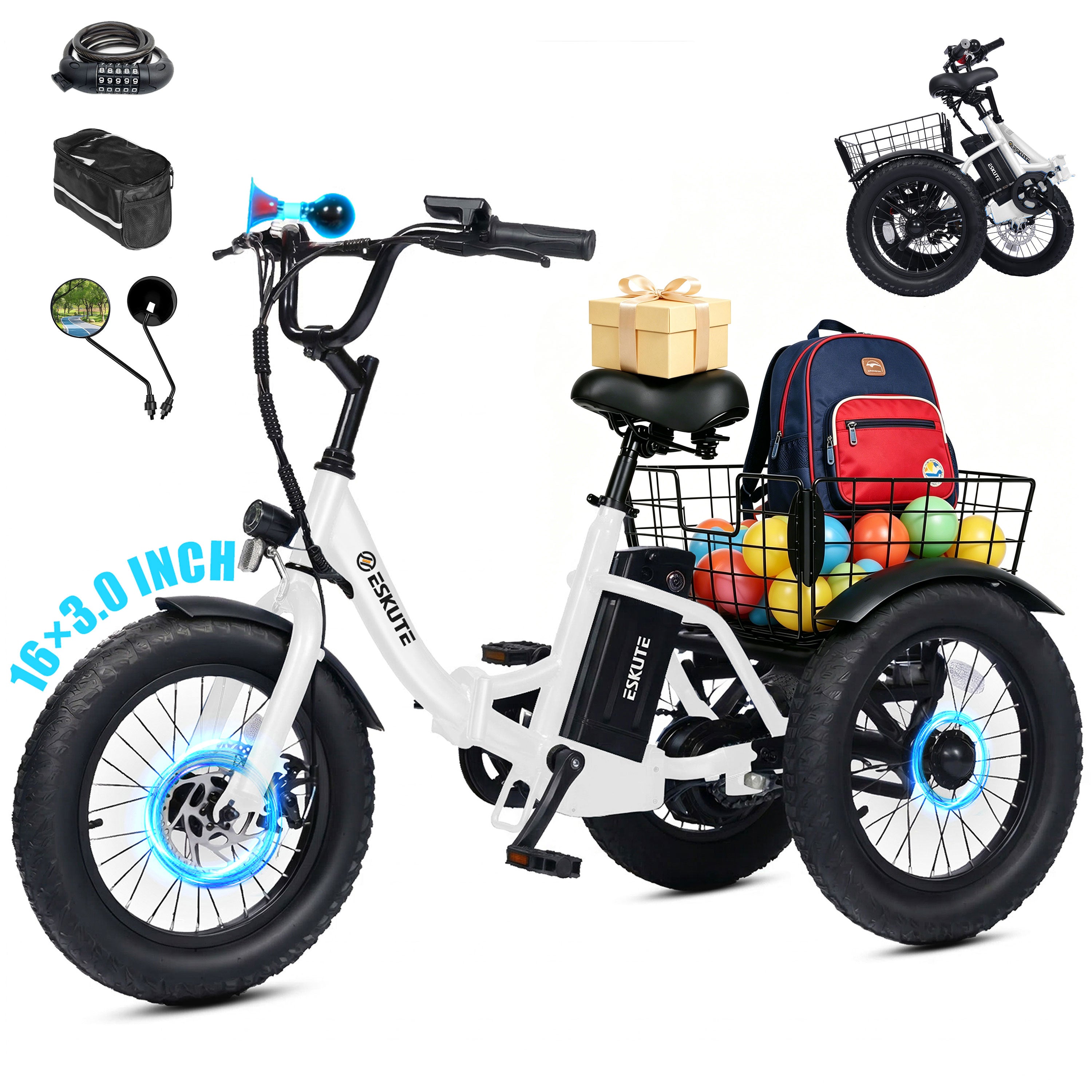 ESKUTE T300M Electric Tricycle for Beginners, Folding 3-Wheel E-Bike with 500W Peak Motor, 302Wh Battery, 12.5 MPH , 16" x 3.0 Fat Tires, Step-Thru, Blue