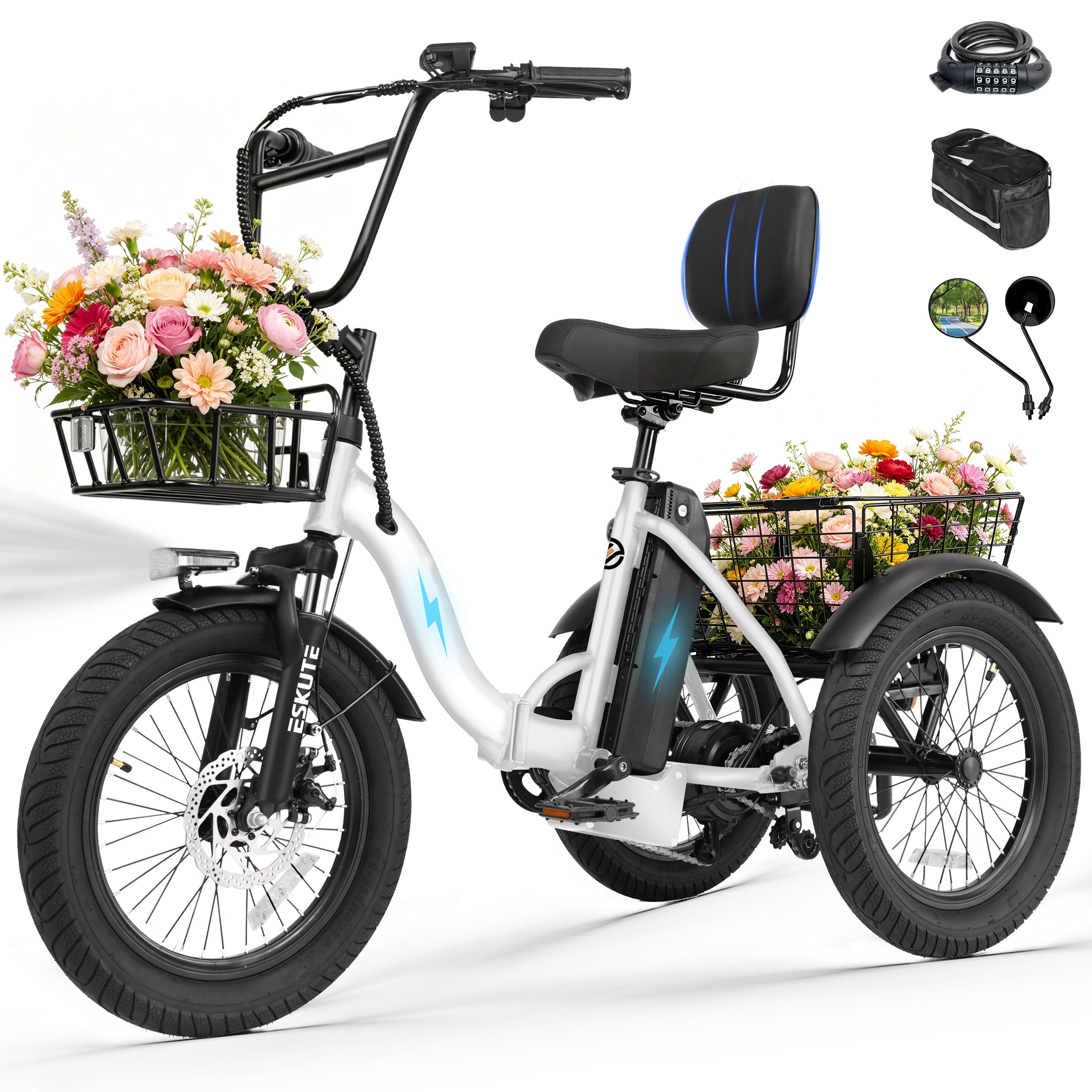 ESKUTE Adult Electric Tricycle, Folding Step-Thru E-Trike with Removable Battery, 18" x 3.0" Fat Tires, Long Range 3-Wheel Electric Bicycle for Daily Riding UL2849, Black