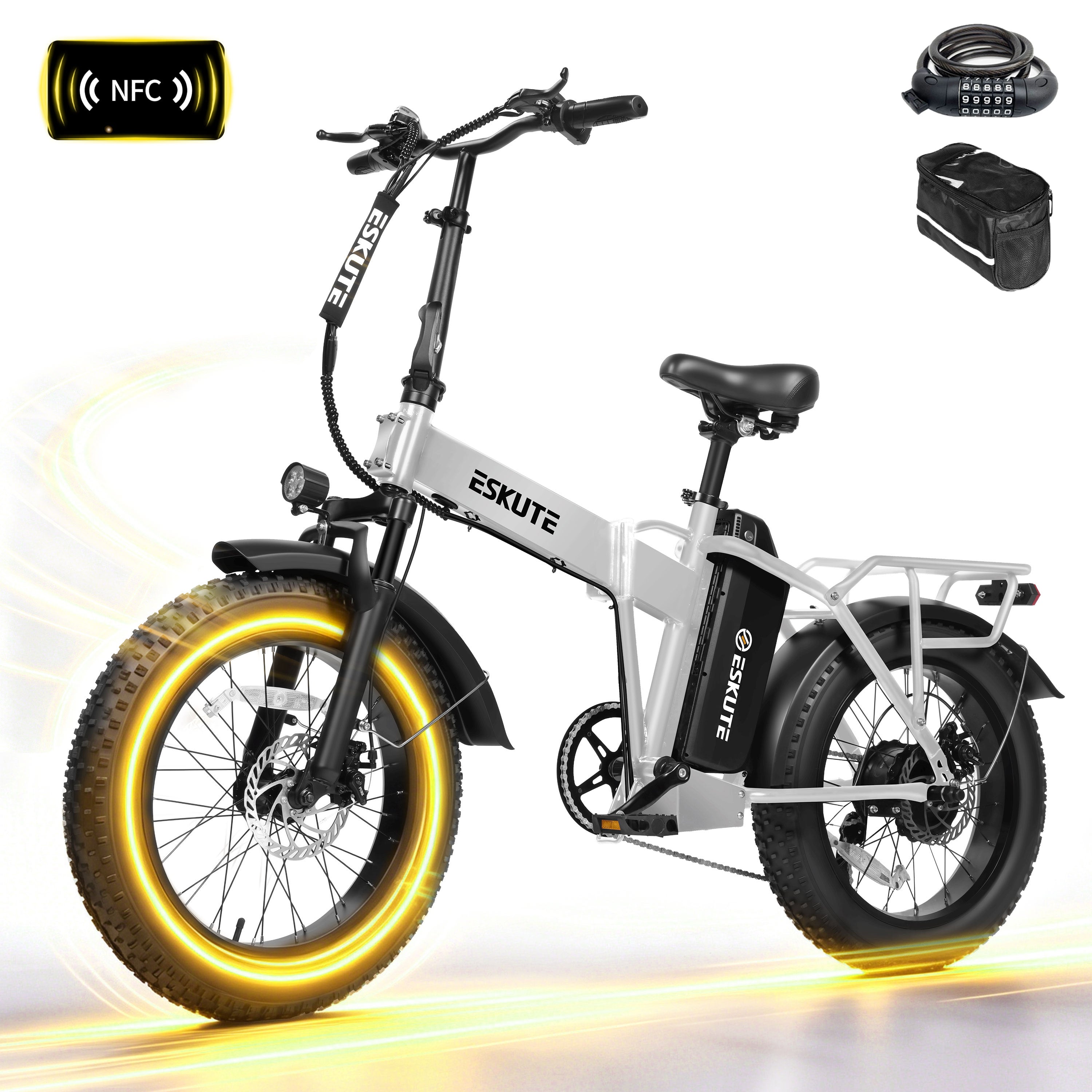 ESKUTE D300D Electric Bike for Adults, Foldable Ebike, 1200W Peak Motor, 28MPH, 48V 20.8Ah Battery, 20"x4.0" Fat Tires, 80-Mile Range, 7-Speed, NFC Unlock Black