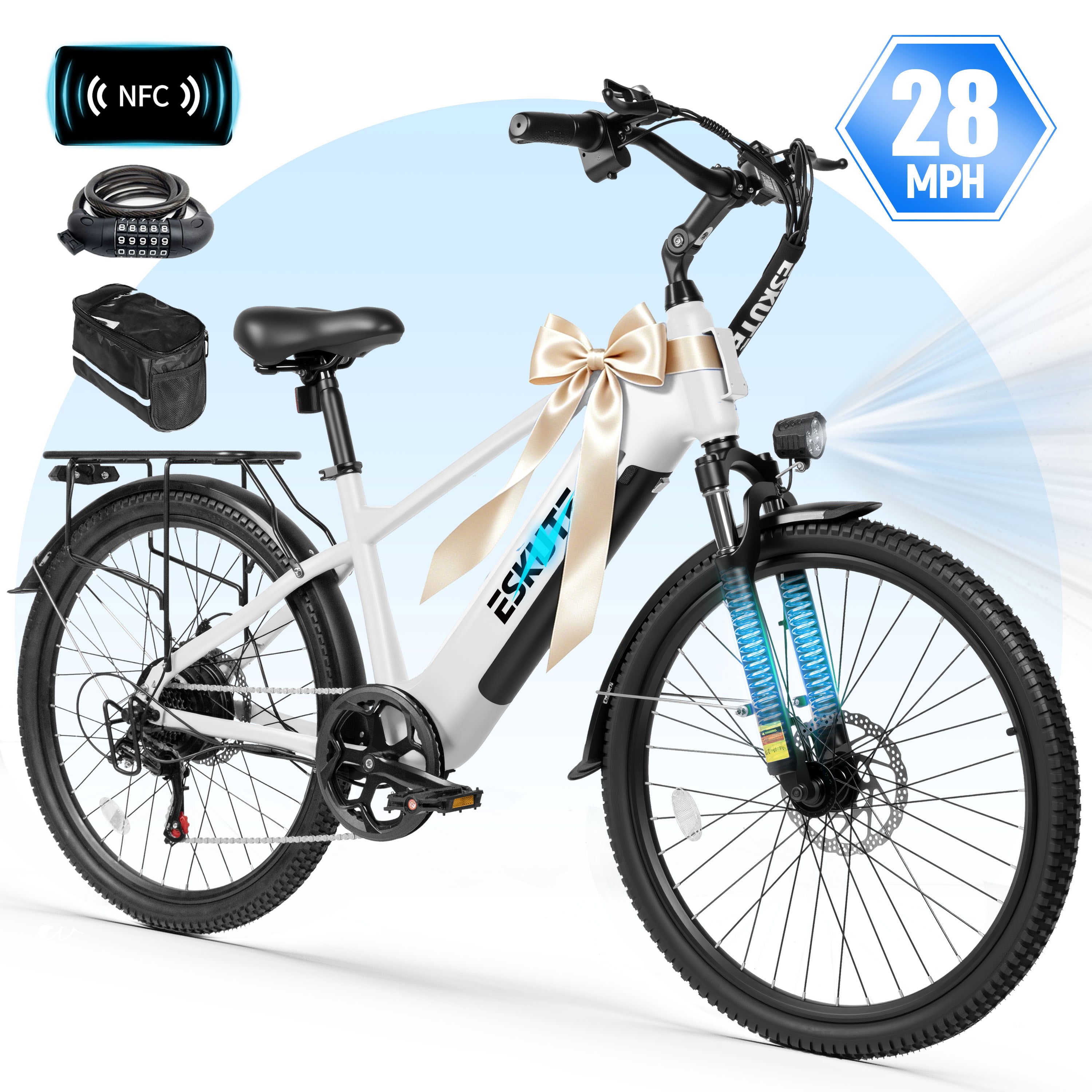 ESKUTE C200D 70-Mile Electric Bike for Adults, 840Wh Removable Battery, 1300W Peak Motor, Up to 28MPH, 26" Tires, 7-Speed Step-Over E-Bike Black