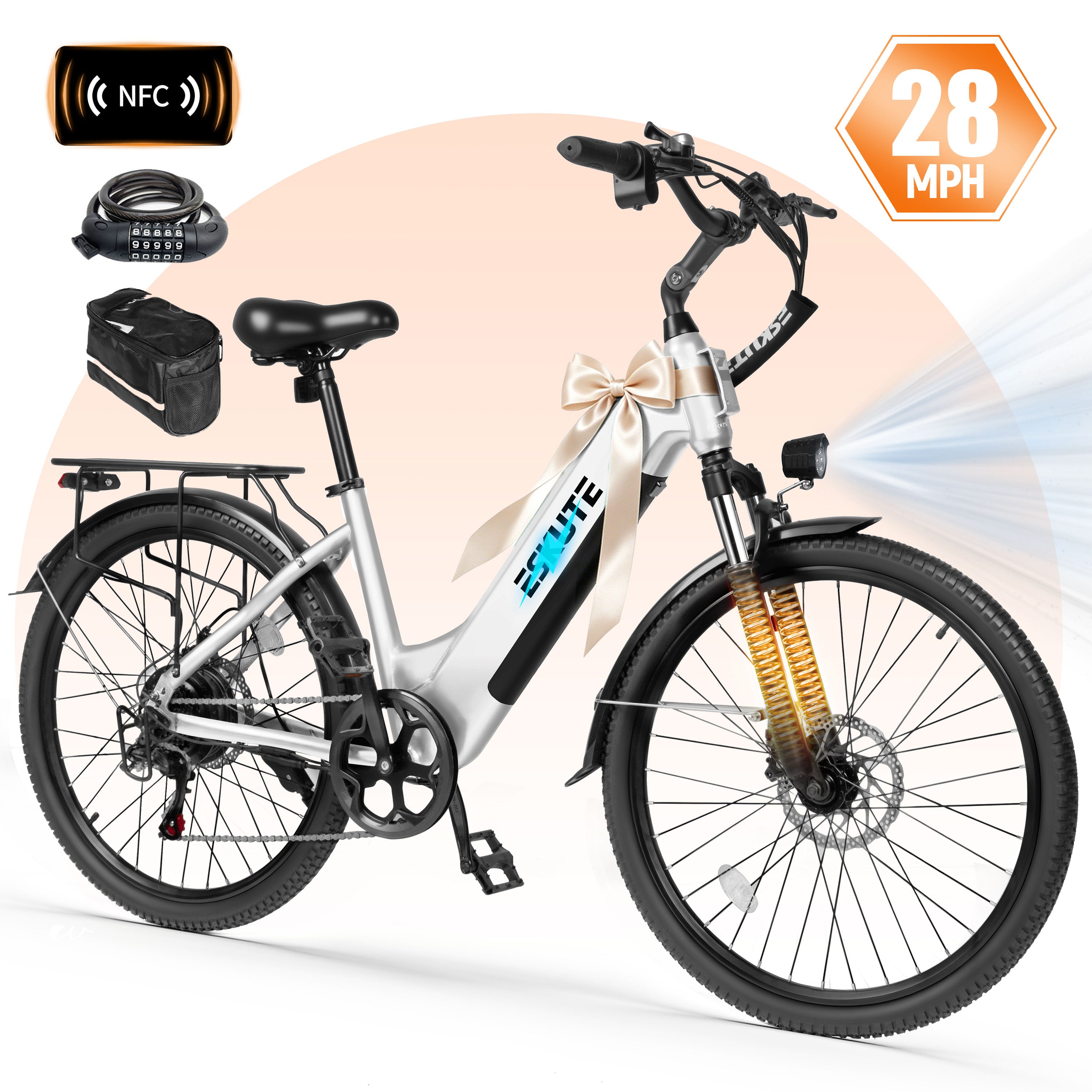 ESKUTE C200D Electric Bike for Adults – 1300W Peak Motor, 28MPH Step-Thru Ebike, 840Wh Removable Battery , Up to 70 Miles, 26" Tires, 7-Speed White