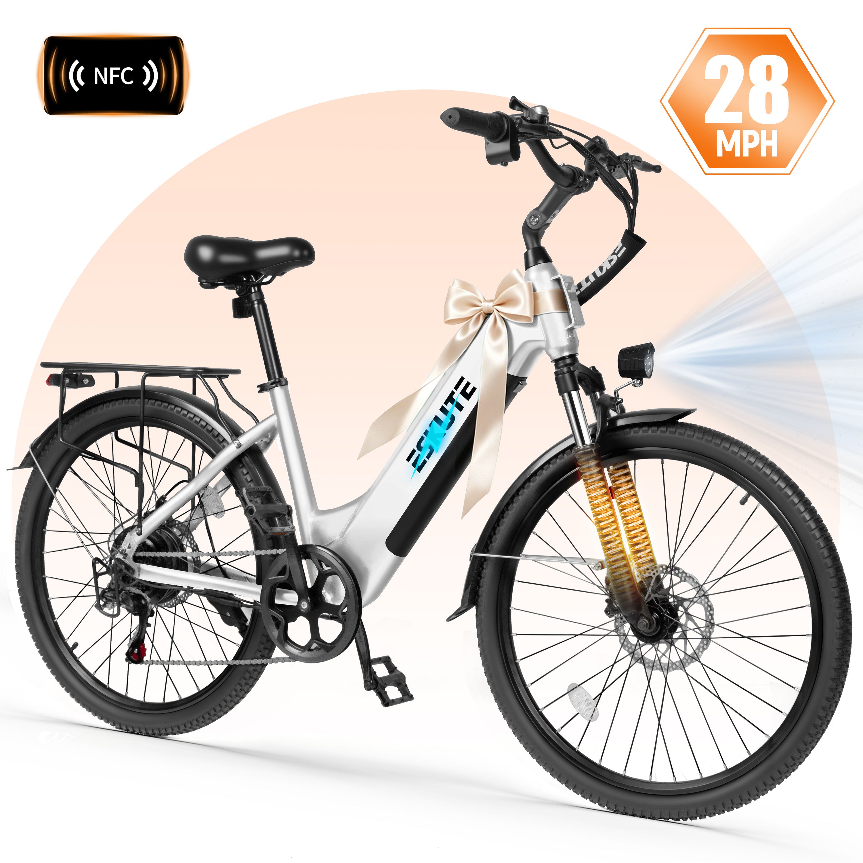 ESKUTE C200D Electric Bike for Adults – 1300W Peak Motor, 28MPH Step-Thru Ebike, 840Wh Removable Battery , Up to 70 Miles, 26" Tires, 7-Speed White