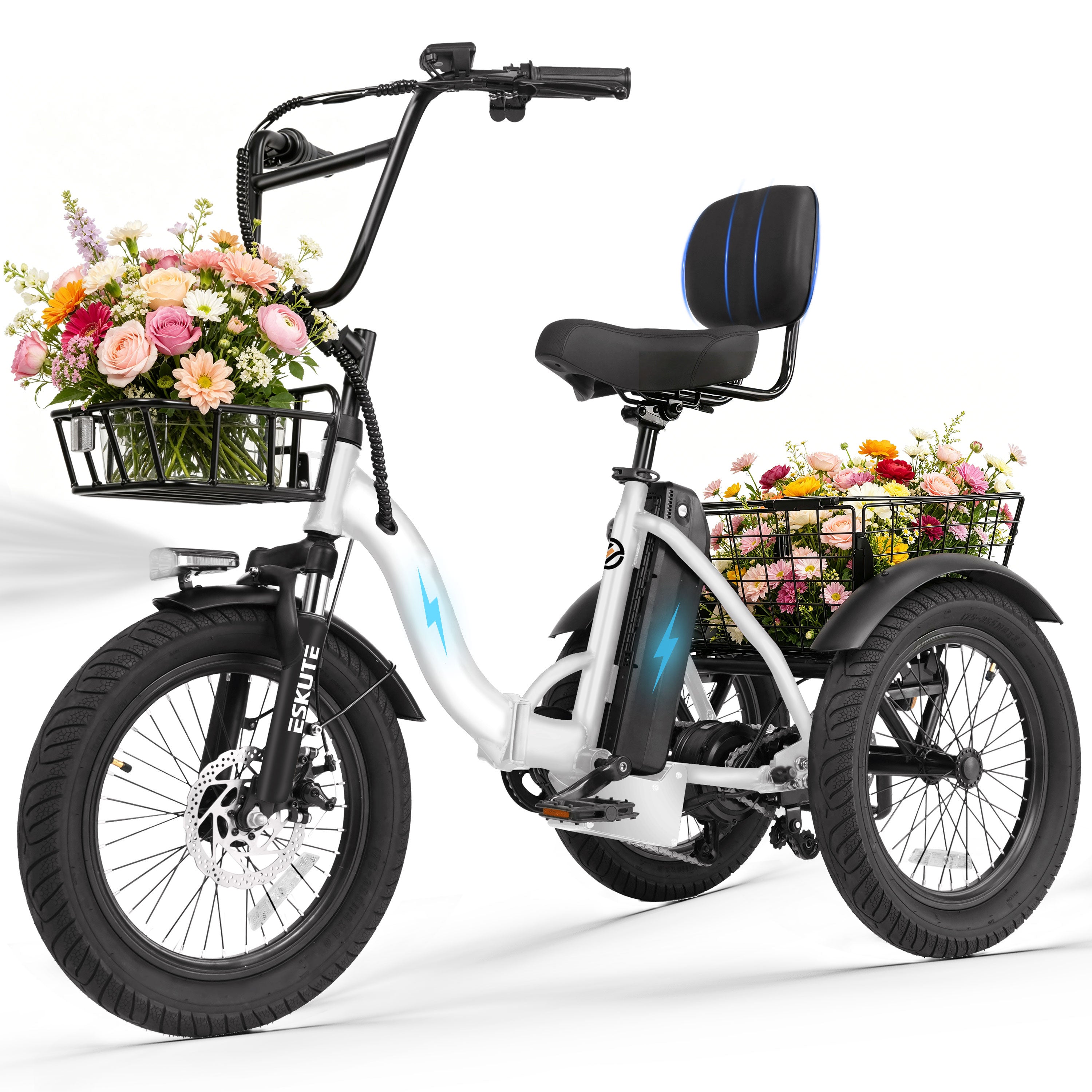 ESKUTE Adult Electric Tricycle, Folding Step-Thru E-Trike with Removable Battery, 18" x 3.0" Fat Tires, Long Range 3-Wheel Electric Bicycle for Daily Riding UL2849, Black