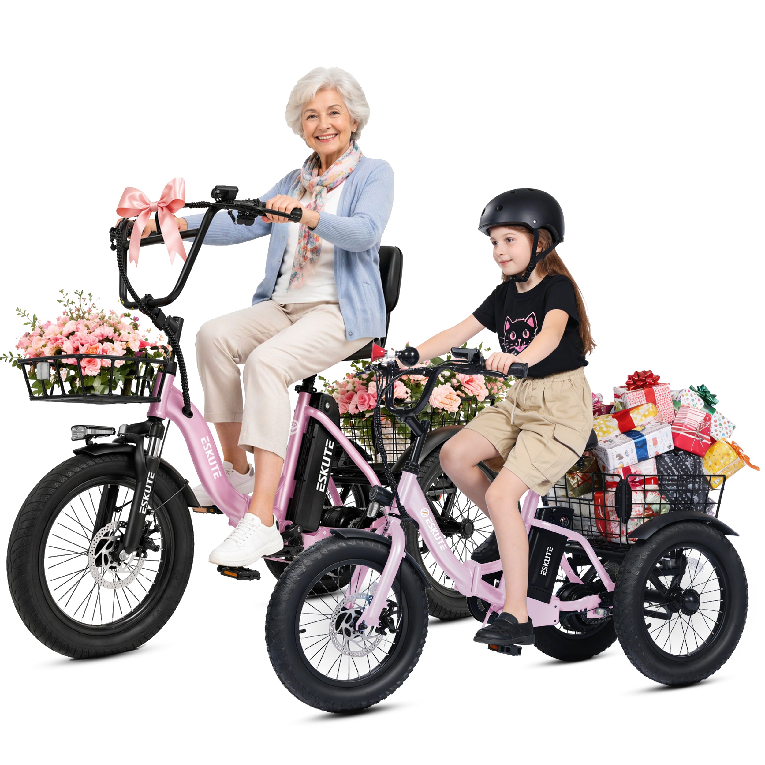 ESKUTE T300 & T300mini Electric Tricycles for Adults – 750W & 500W Motors, Fat Tire Folding 3-Wheel E-Bikes, Step-Thru, Black & Black
