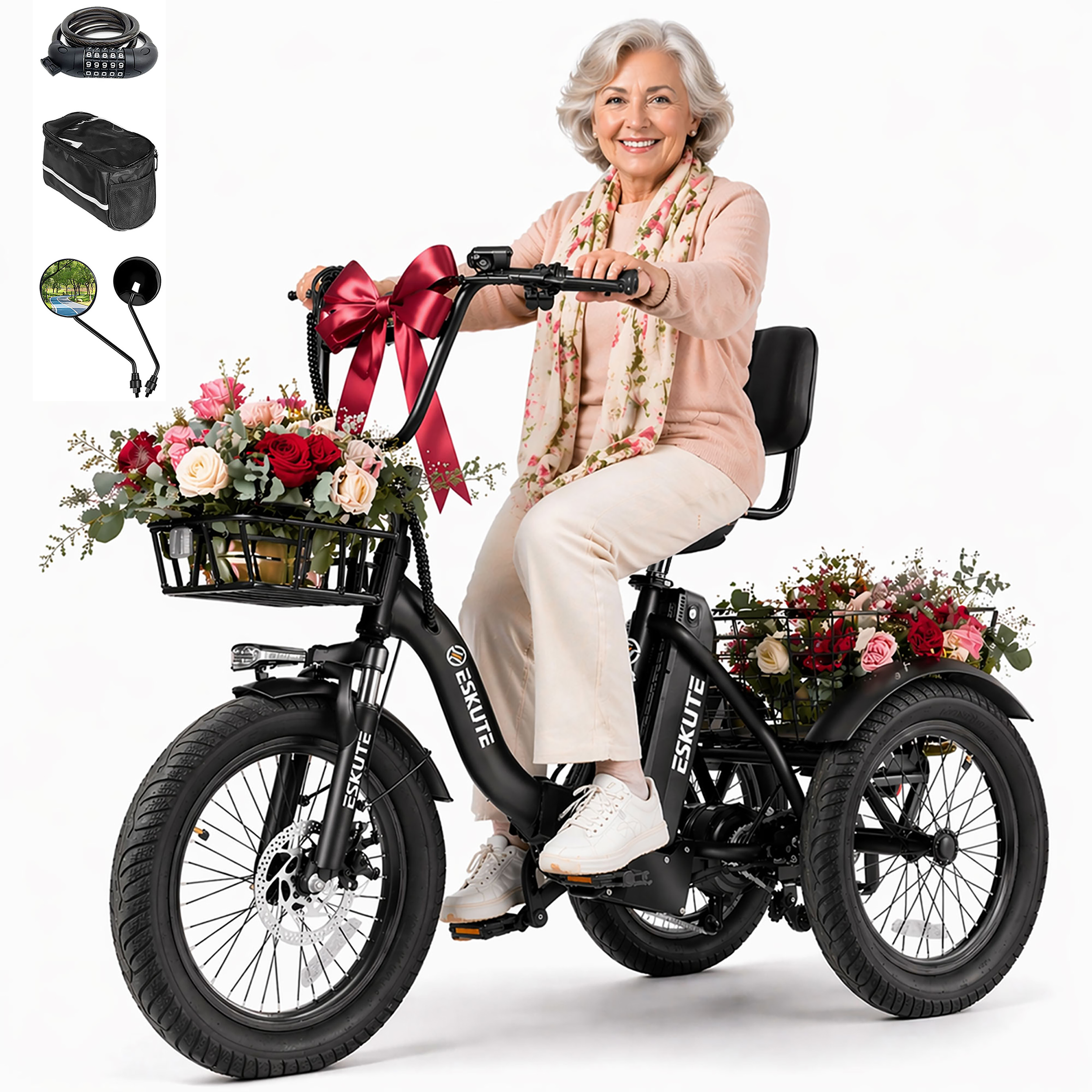 T300D Electric Tricycle for Adults, 1200W Peak Motor, Up to 55 Miles Range, 624Wh Removable Battery, Folding 3-Wheel Ebike with 18x3.0 Fat Tires, Step-Through Black