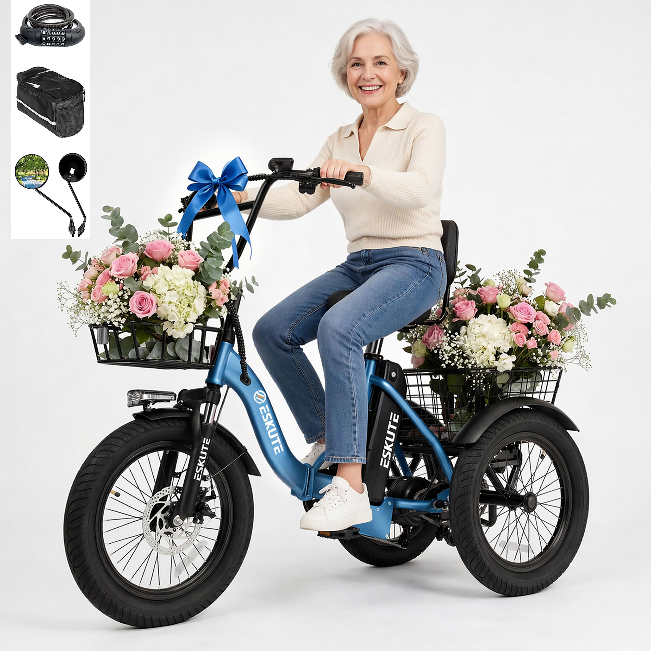 T300D Electric Tricycle for Adults, 1200W Peak Motor, Up to 55 Miles Range, 624Wh Removable Battery, Folding 3-Wheel Ebike with 18x3.0 Fat Tires, Step-Through Black