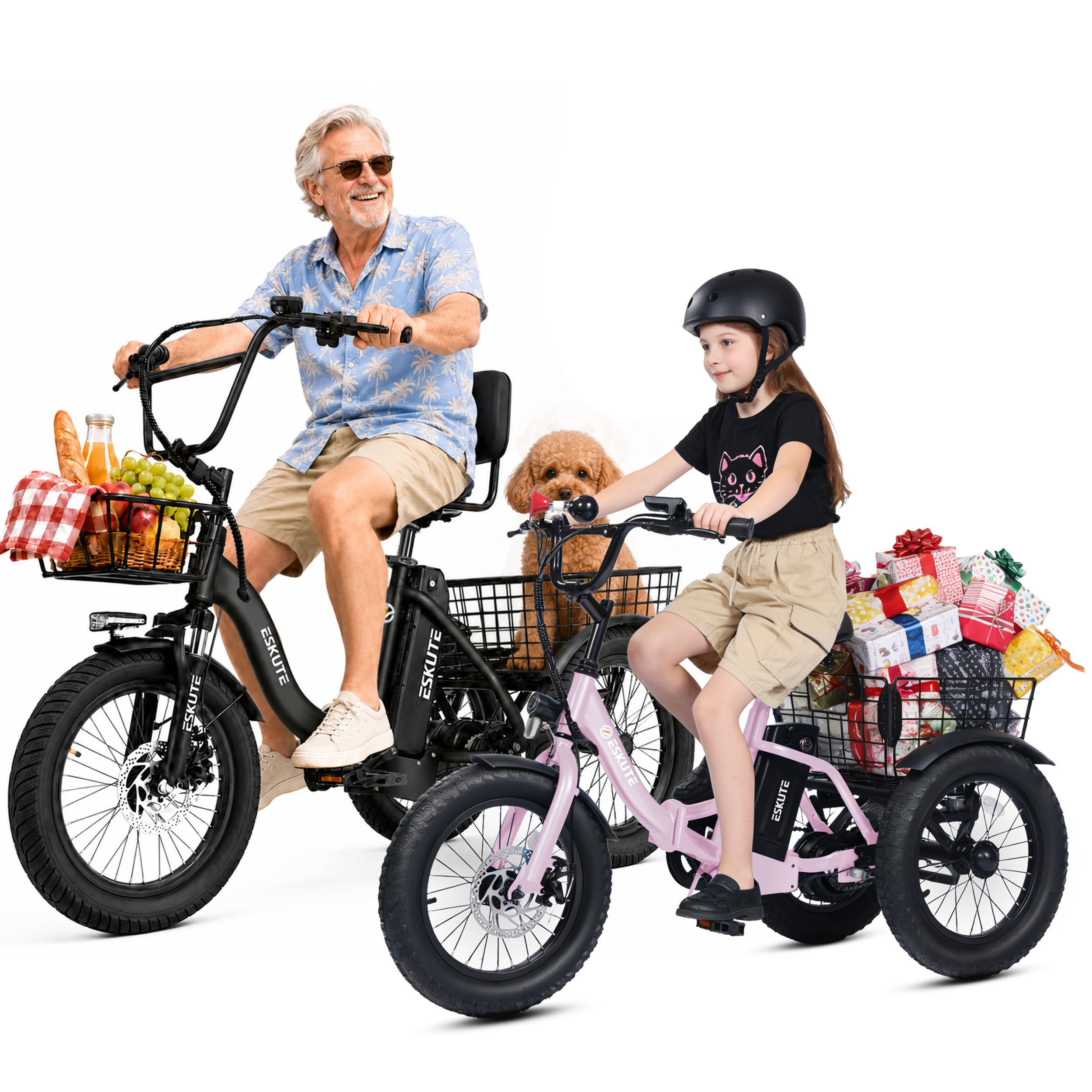 ESKUTE T300 & T300mini Electric Tricycles for Adults – 750W & 500W Motors, Fat Tire Folding 3-Wheel E-Bikes, Step-Thru, Black & Black