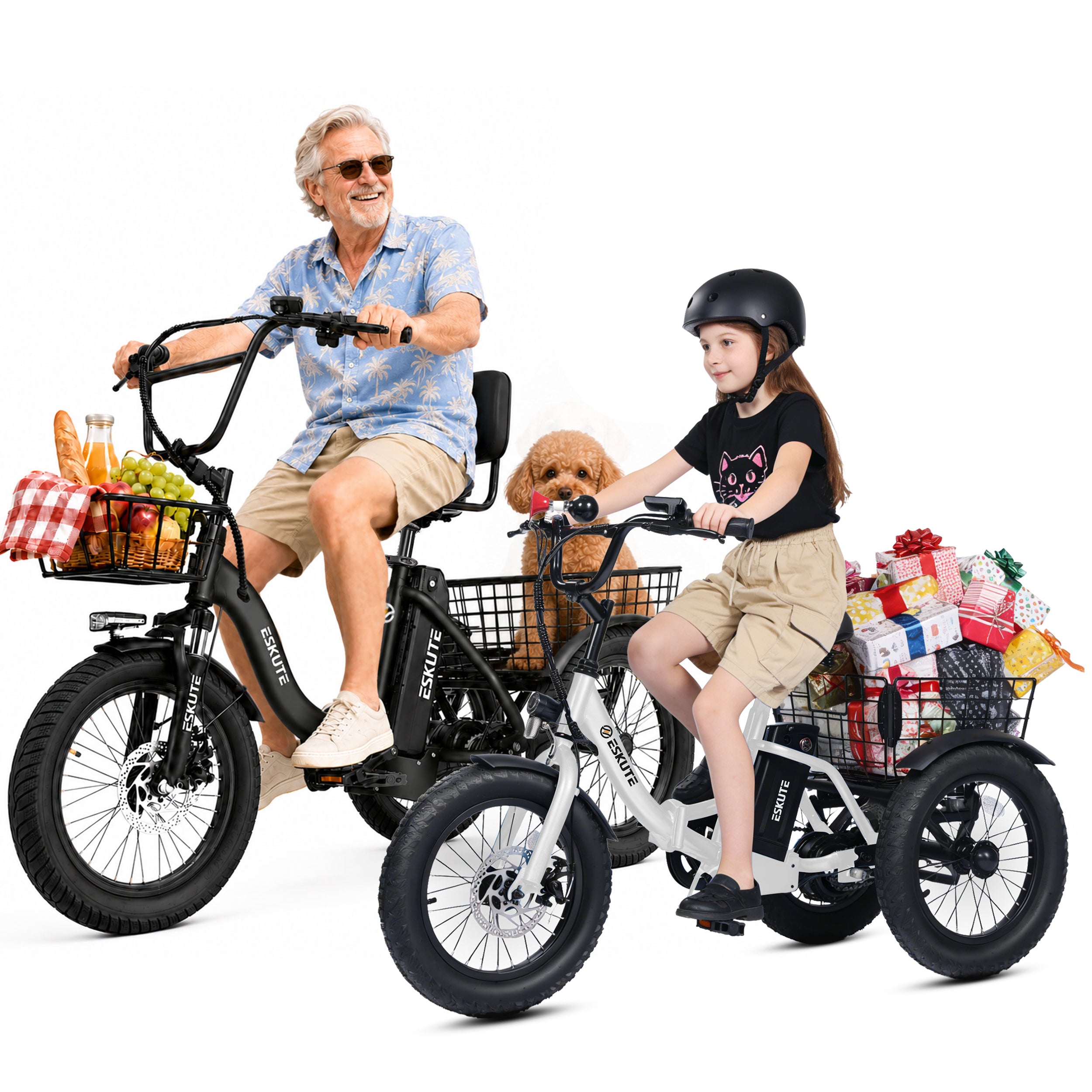 ESKUTE T300 & T300mini Electric Tricycles for Adults – 750W & 500W Motors, Fat Tire Folding 3-Wheel E-Bikes, Step-Thru, Black & Black