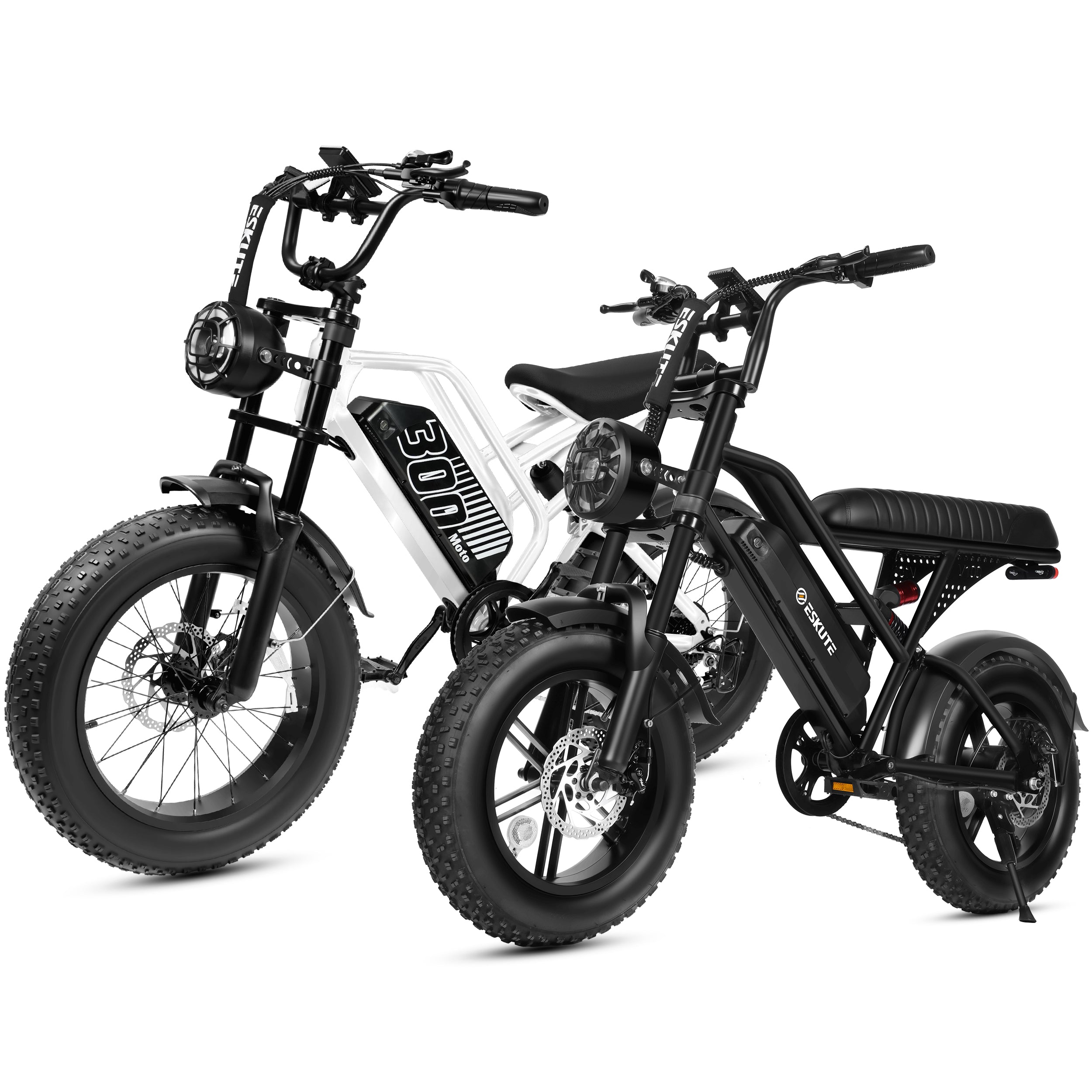 ESKUTE V100 & V300 Electric Bikes for Teens Adults, 750W–1500W Peak Motor, 28–30+MPH, 48V–52V Removable Battery, Fat Tires, 7-Speed E-Bike with Dual Suspension, Black & Black