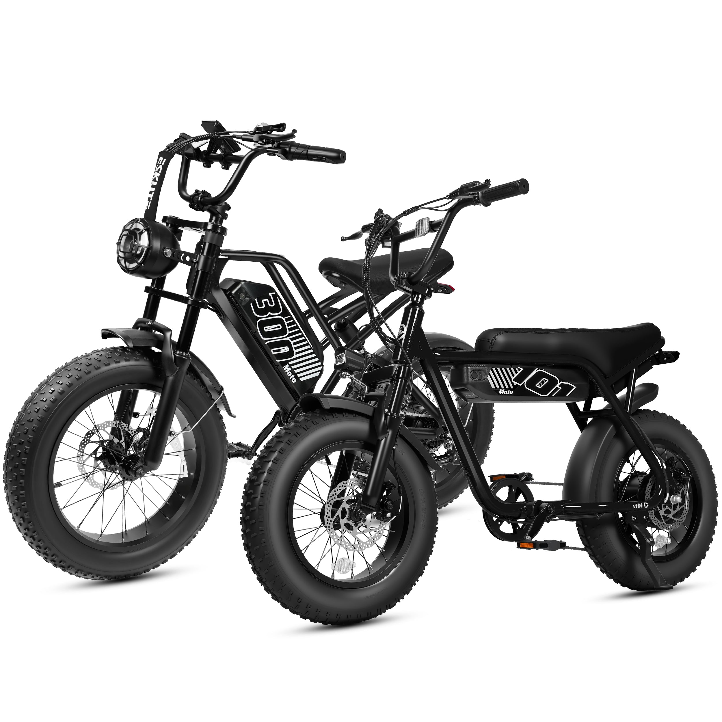 ESKUTE V101 & V300 Electric Bikes for Adults Teens, 750W/1500W Peak Motors, 28 - 30+MPH, 48V 13Ah and 52V 20.8Ah, Fat Tires, 7-Speed, Front Suspension & NFC Unlock Black & Black
