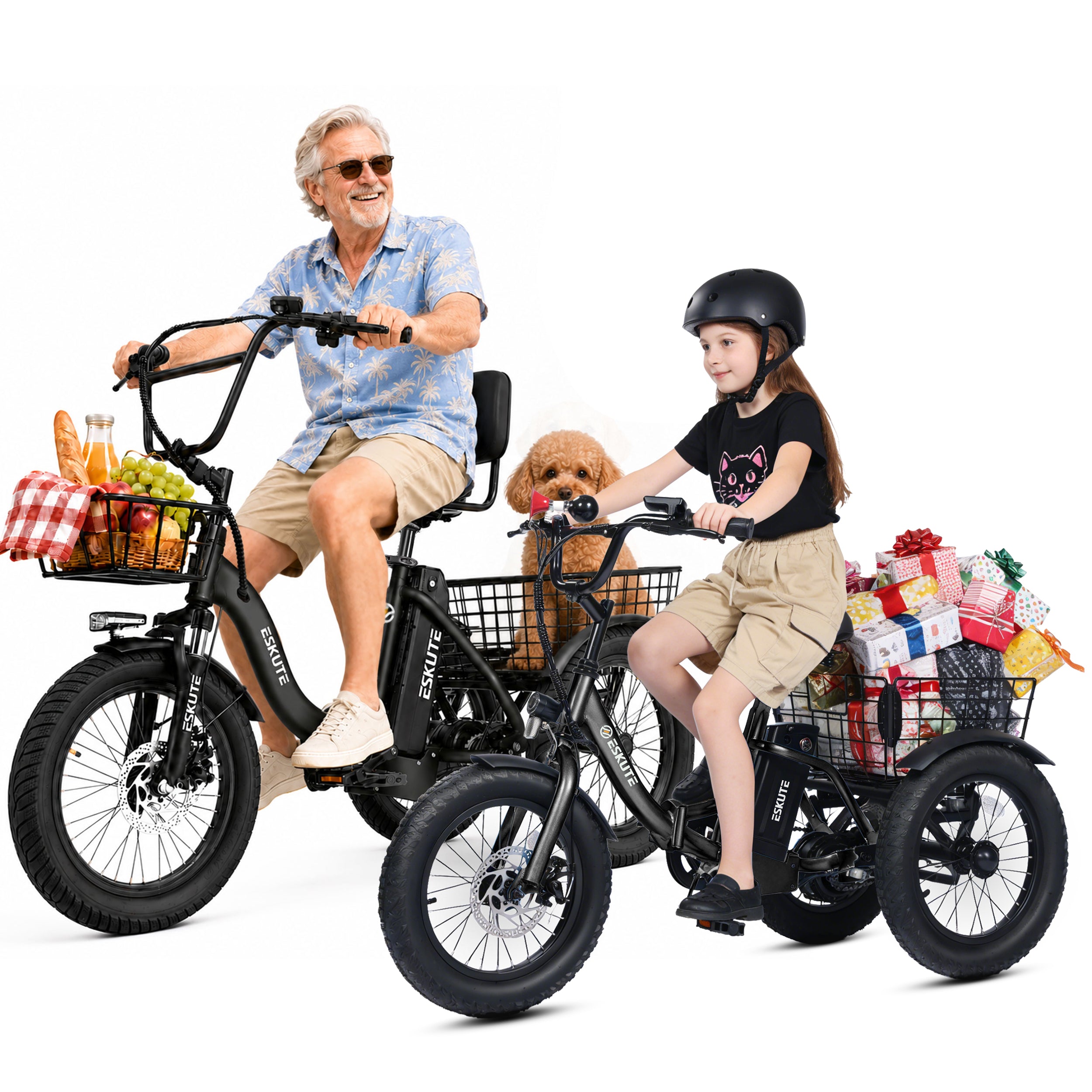 ESKUTE T300 & T300mini Electric Tricycles for Adults – 750W & 500W Motors, Fat Tire Folding 3-Wheel E-Bikes, Step-Thru, Black & Black