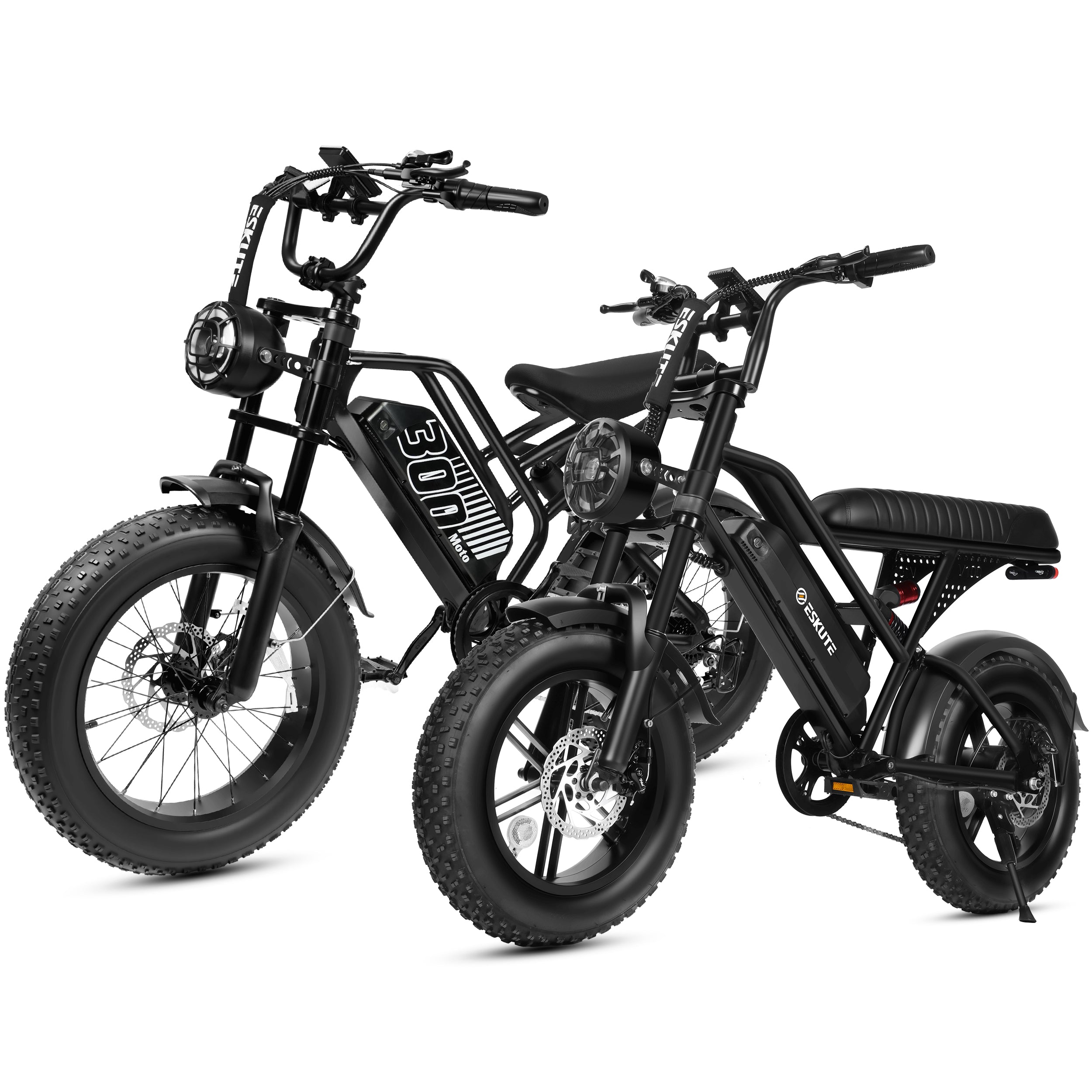 ESKUTE V100 & V300 Electric Bikes for Teens Adults, 750W–1500W Peak Motor, 28–30+MPH, 48V–52V Removable Battery, Fat Tires, 7-Speed E-Bike with Dual Suspension, Black & Black