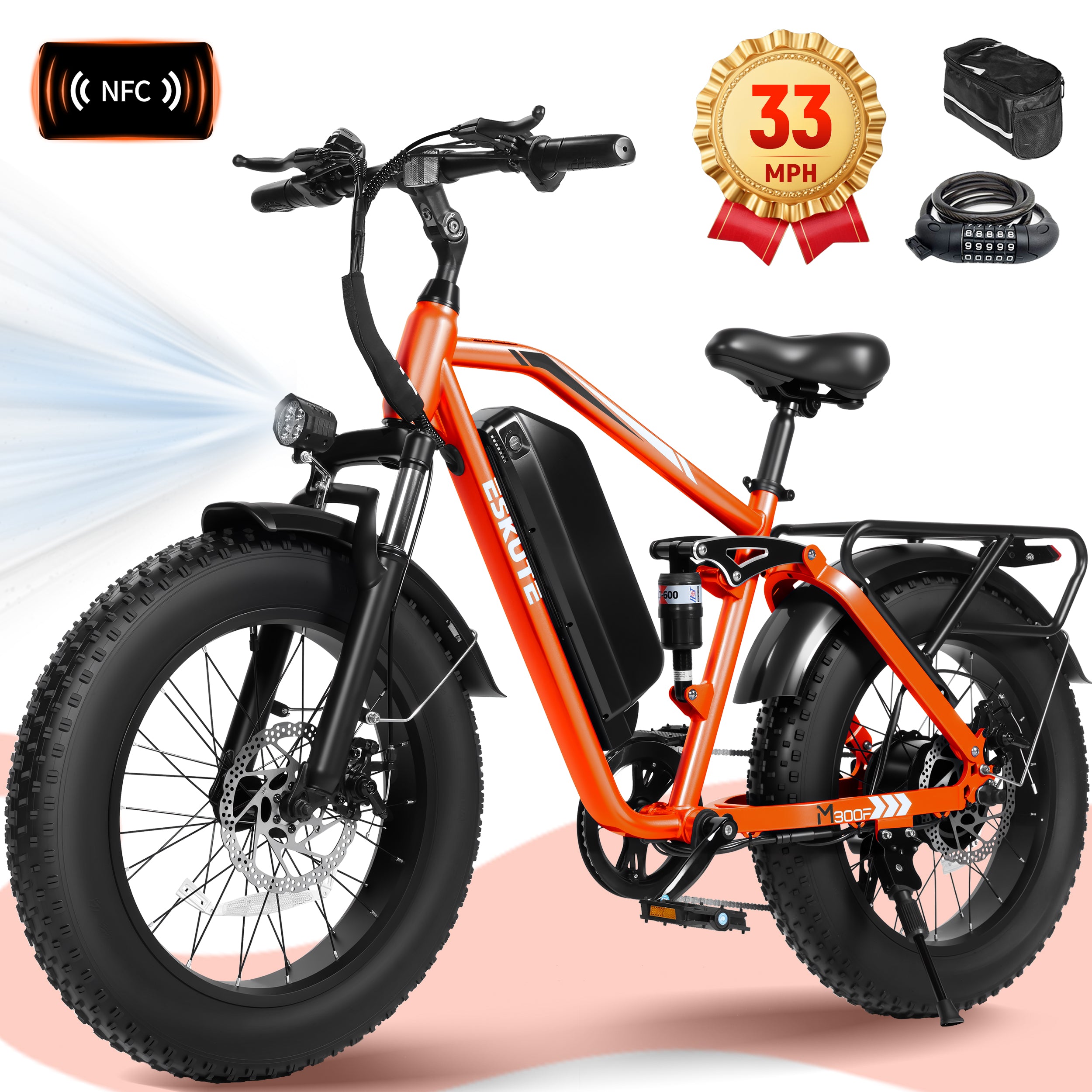 ESKUTE M300 Electric Bike for Adults, Full Suspension Fat Tire Mountain Ebike, 52V 20.8Ah Removable Battery, 1200W Motor, Up to 33MPH, 80 Miles Electric Bicycle Black