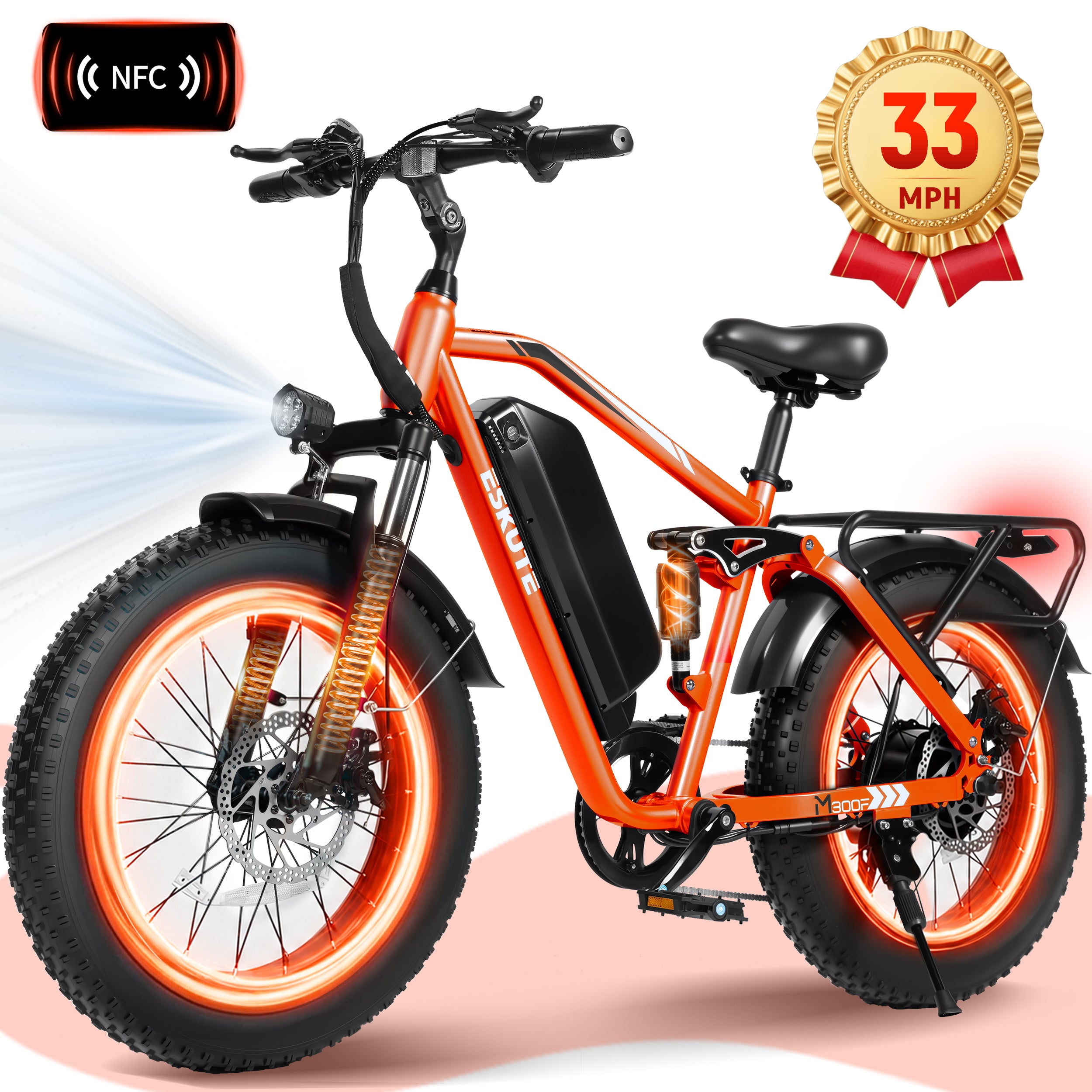 ESKUTE M300 Electric Bike for Adults, Full Suspension Fat Tire Mountain Ebike, 52V 20.8Ah Removable Battery, 1200W Motor, Up to 33MPH, 80 Miles Electric Bicycle Black