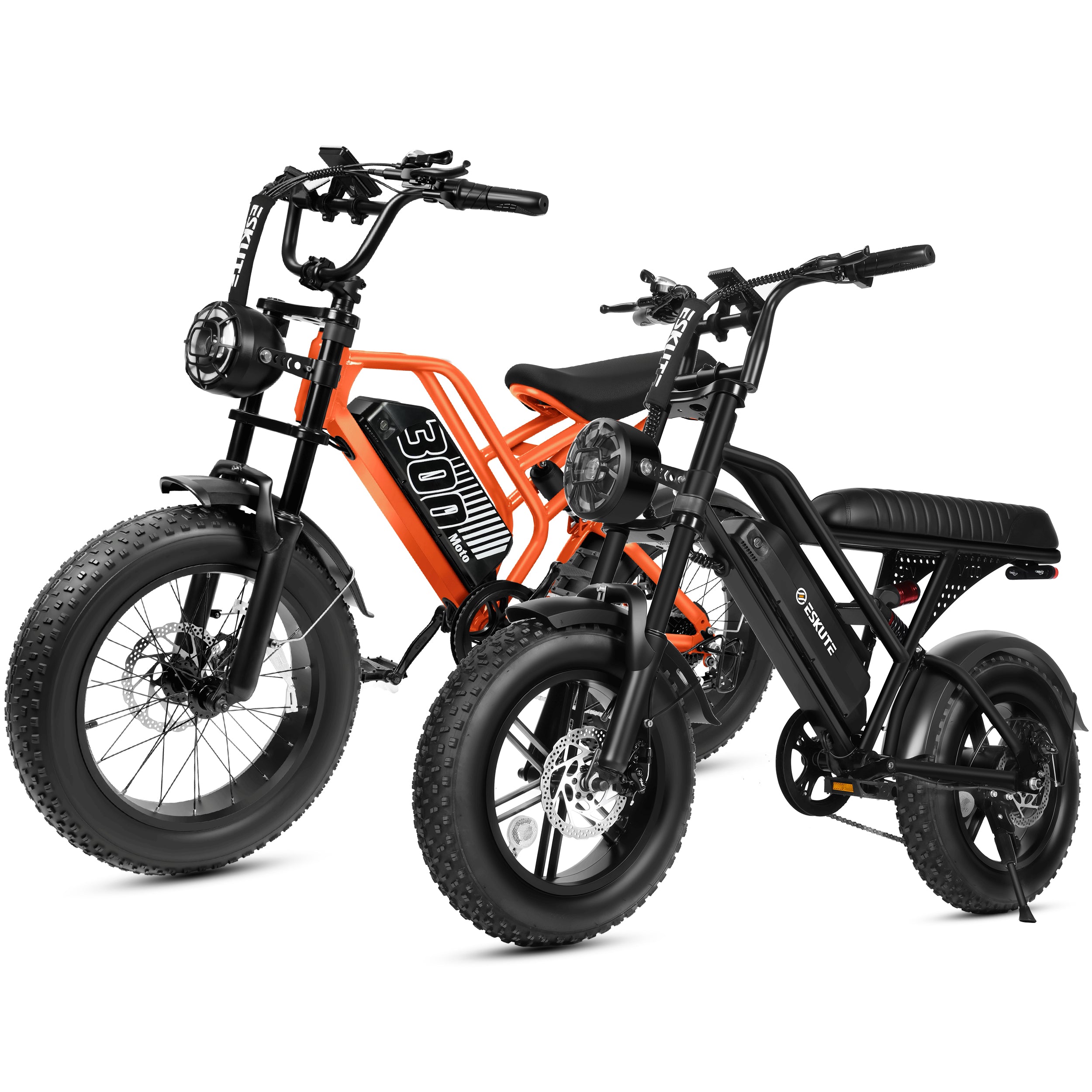 ESKUTE V100 & V300 Electric Bikes for Teens Adults, 750W–1500W Peak Motor, 28–30+MPH, 48V–52V Removable Battery, Fat Tires, 7-Speed E-Bike with Dual Suspension, Black & Black