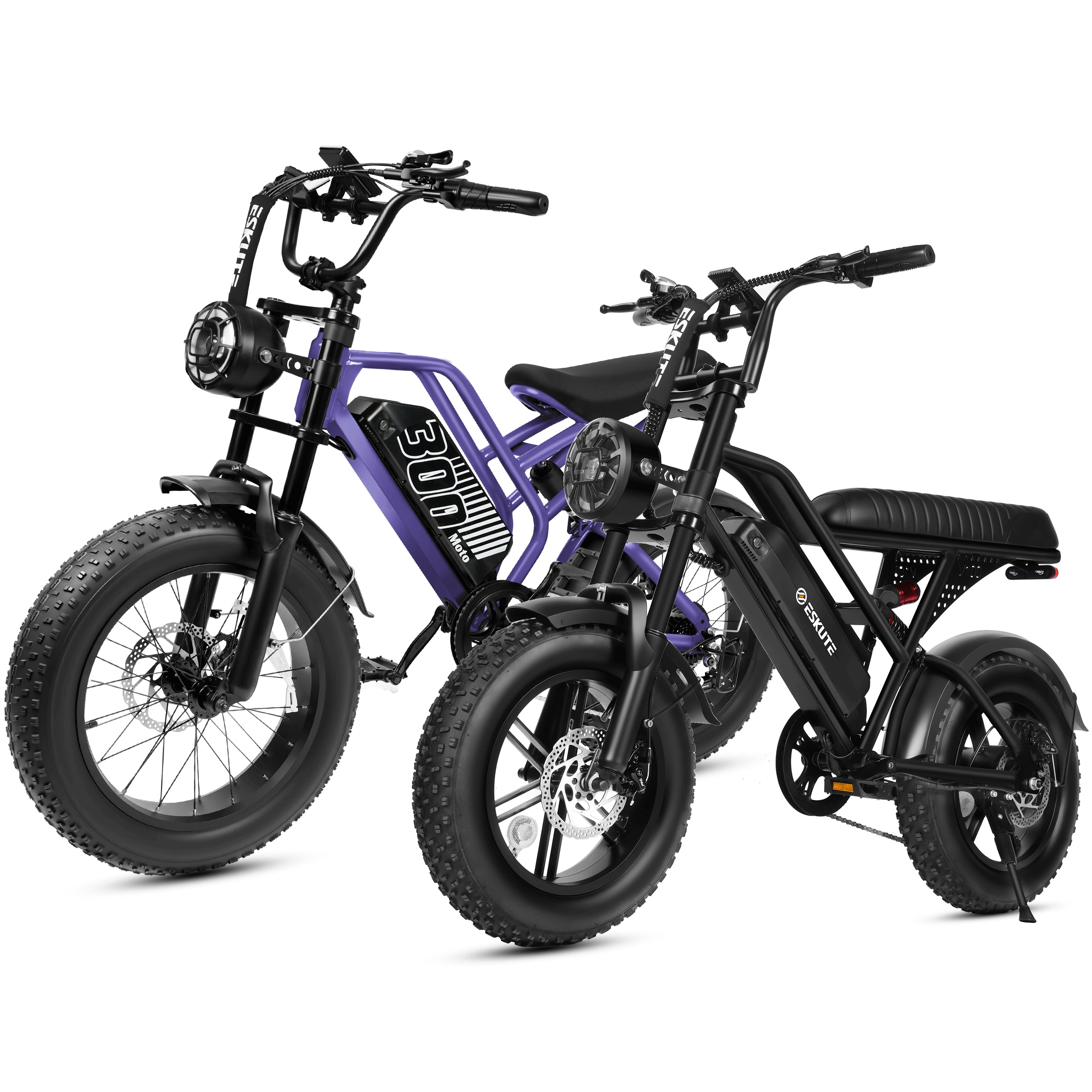 ESKUTE V100 & V300 Electric Bikes for Teens Adults, 750W–1500W Peak Motor, 28–30+MPH, 48V–52V Removable Battery, Fat Tires, 7-Speed E-Bike with Dual Suspension, Black & Black