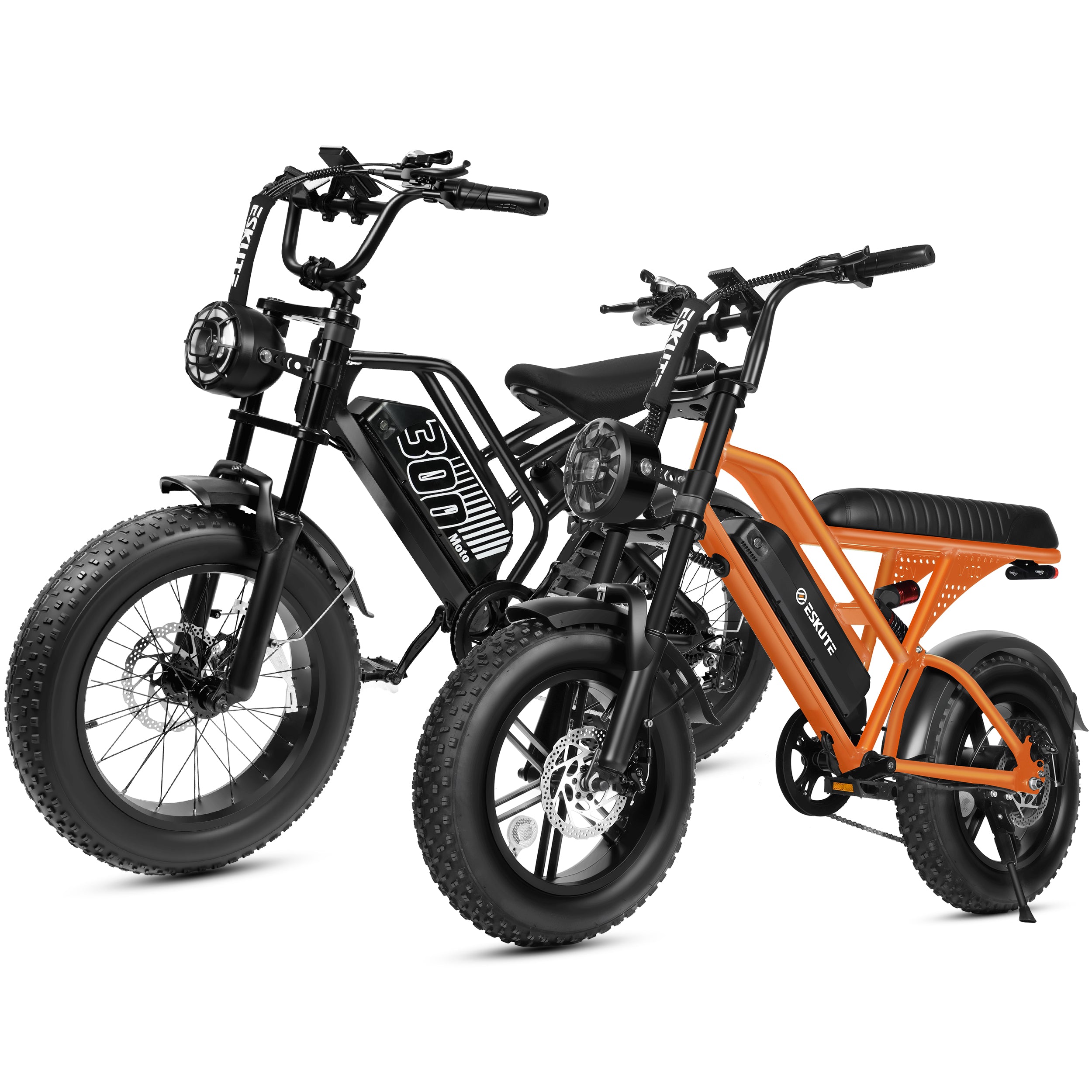 ESKUTE V100 & V300 Electric Bikes for Teens Adults, 750W–1500W Peak Motor, 28–30+MPH, 48V–52V Removable Battery, Fat Tires, 7-Speed E-Bike with Dual Suspension, Black & Black