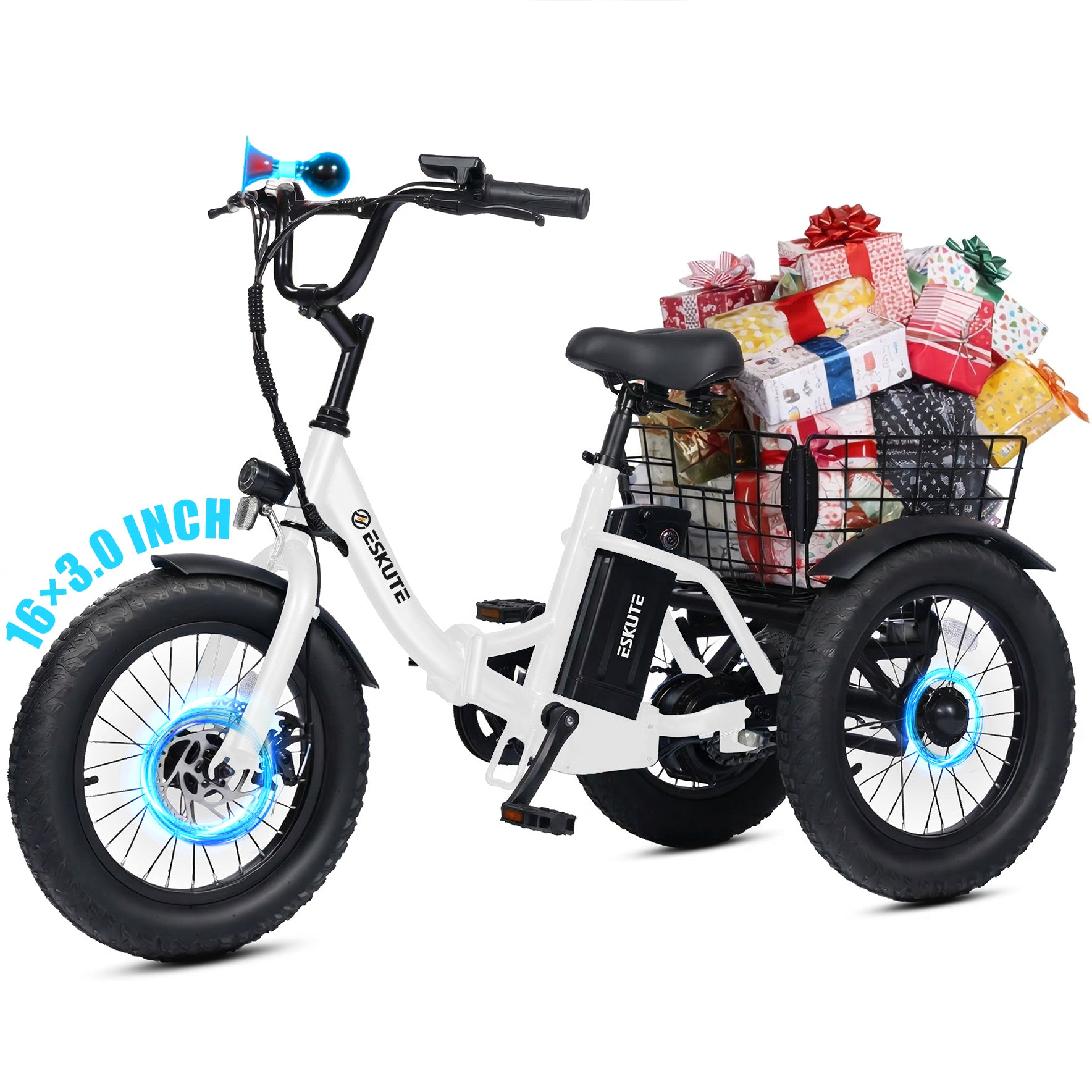T300mini Electric Tricycle for Beginners, 16" x 3.0 Fat Tire Folding 3-Wheel E-Bike, 500W Peak Motor, 302Wh Battery, Step-Thru, 12.5 MPH, Black