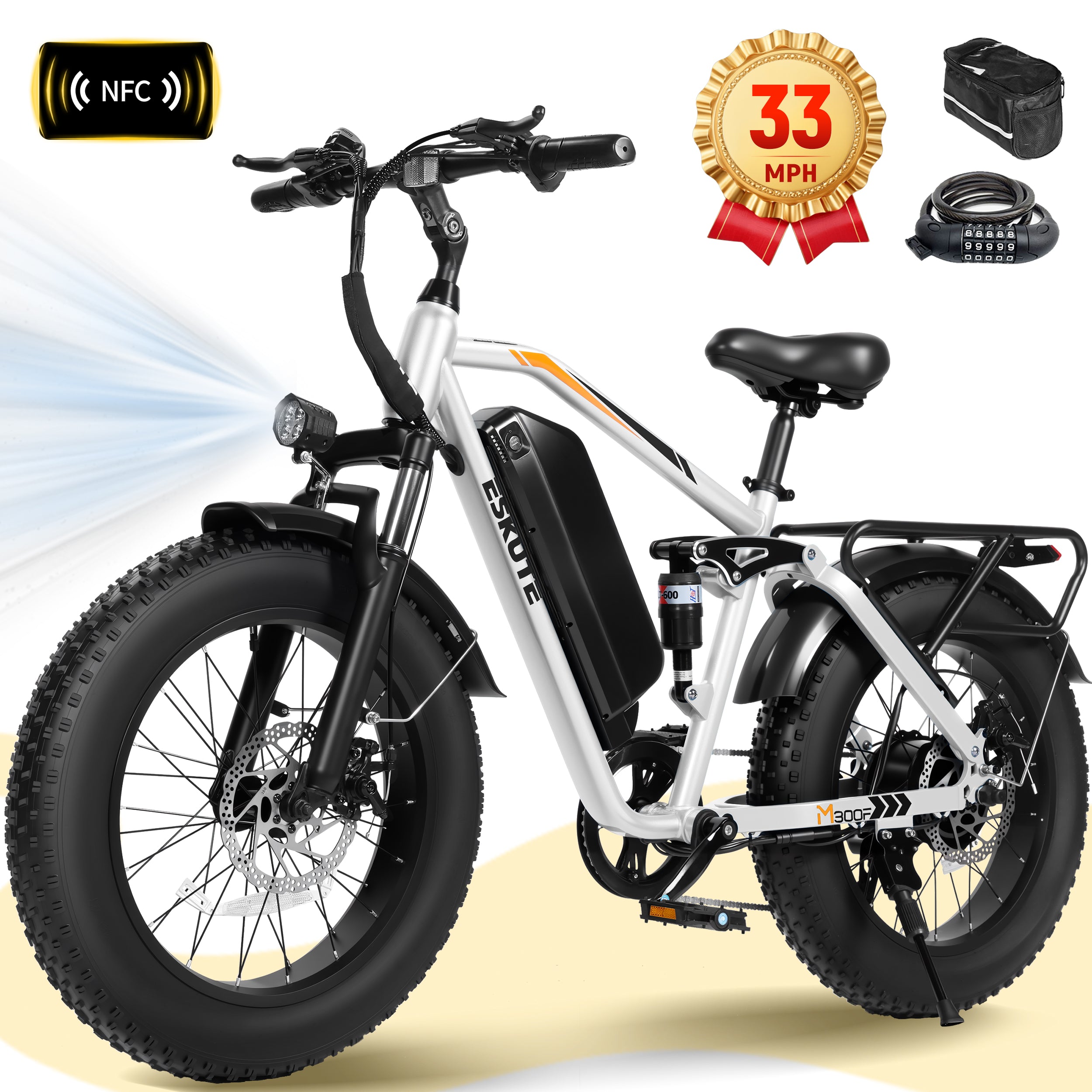 ESKUTE M300 Electric Bike for Adults, Full Suspension Fat Tire Mountain Ebike, 52V 20.8Ah Removable Battery, 1200W Motor, Up to 33MPH, 80 Miles Electric Bicycle Black