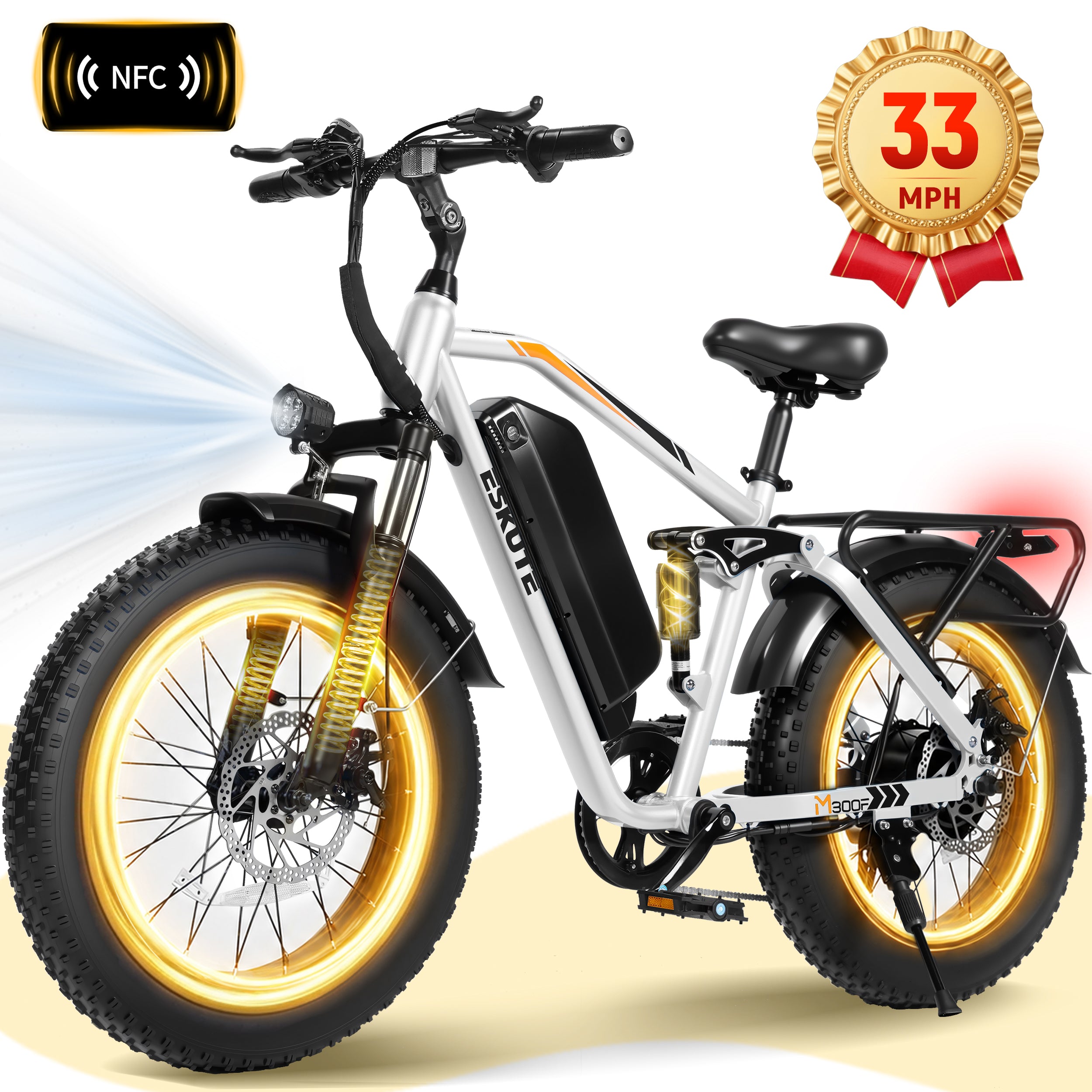 ESKUTE M300 Electric Bike for Adults, Full Suspension Fat Tire Mountain Ebike, 52V 20.8Ah Removable Battery, 1200W Motor, Up to 33MPH, 80 Miles Electric Bicycle Black