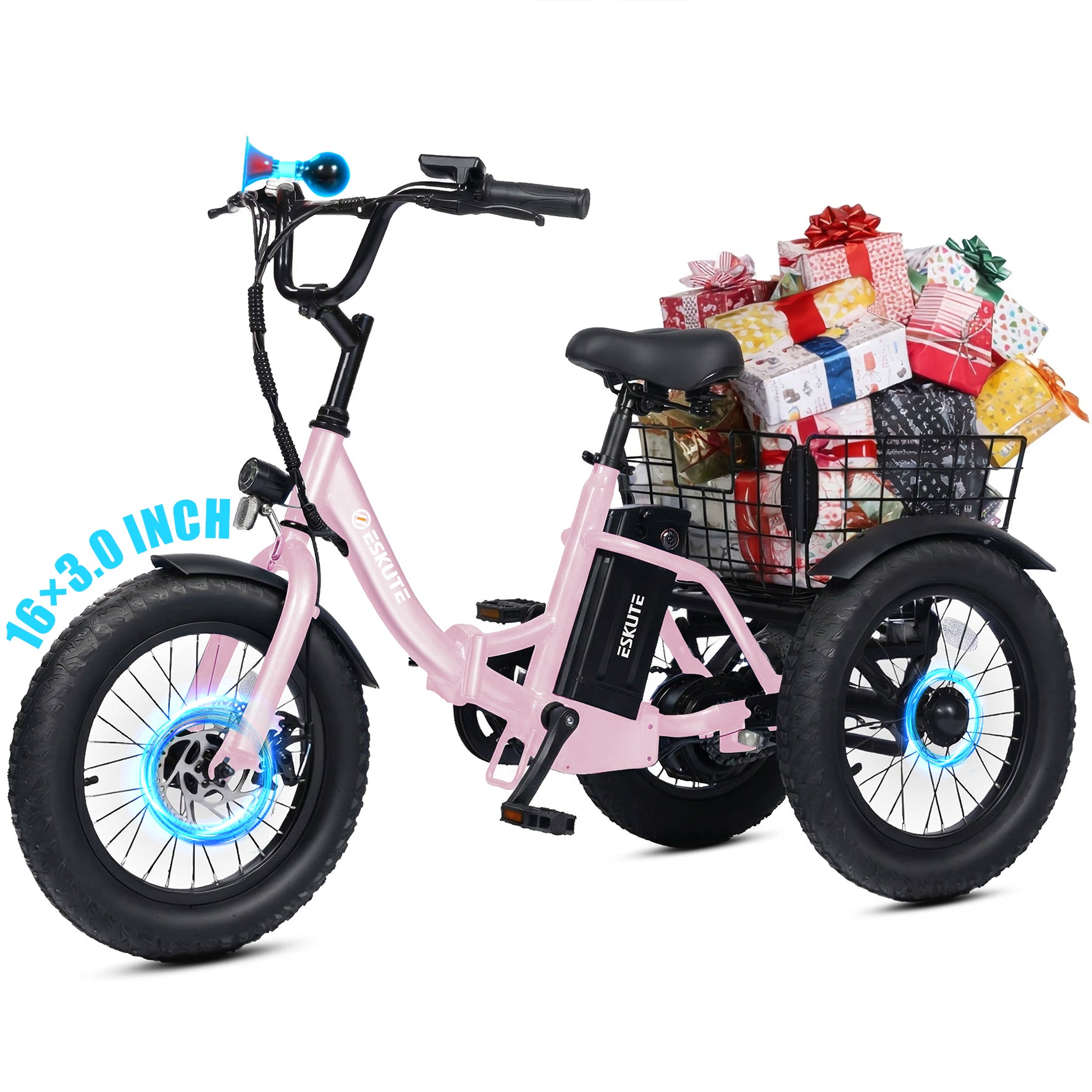 T300mini Electric Tricycle for Beginners, 16" x 3.0 Fat Tire Folding 3-Wheel E-Bike, 500W Peak Motor, 302Wh Battery, Step-Thru, 12.5 MPH, Black