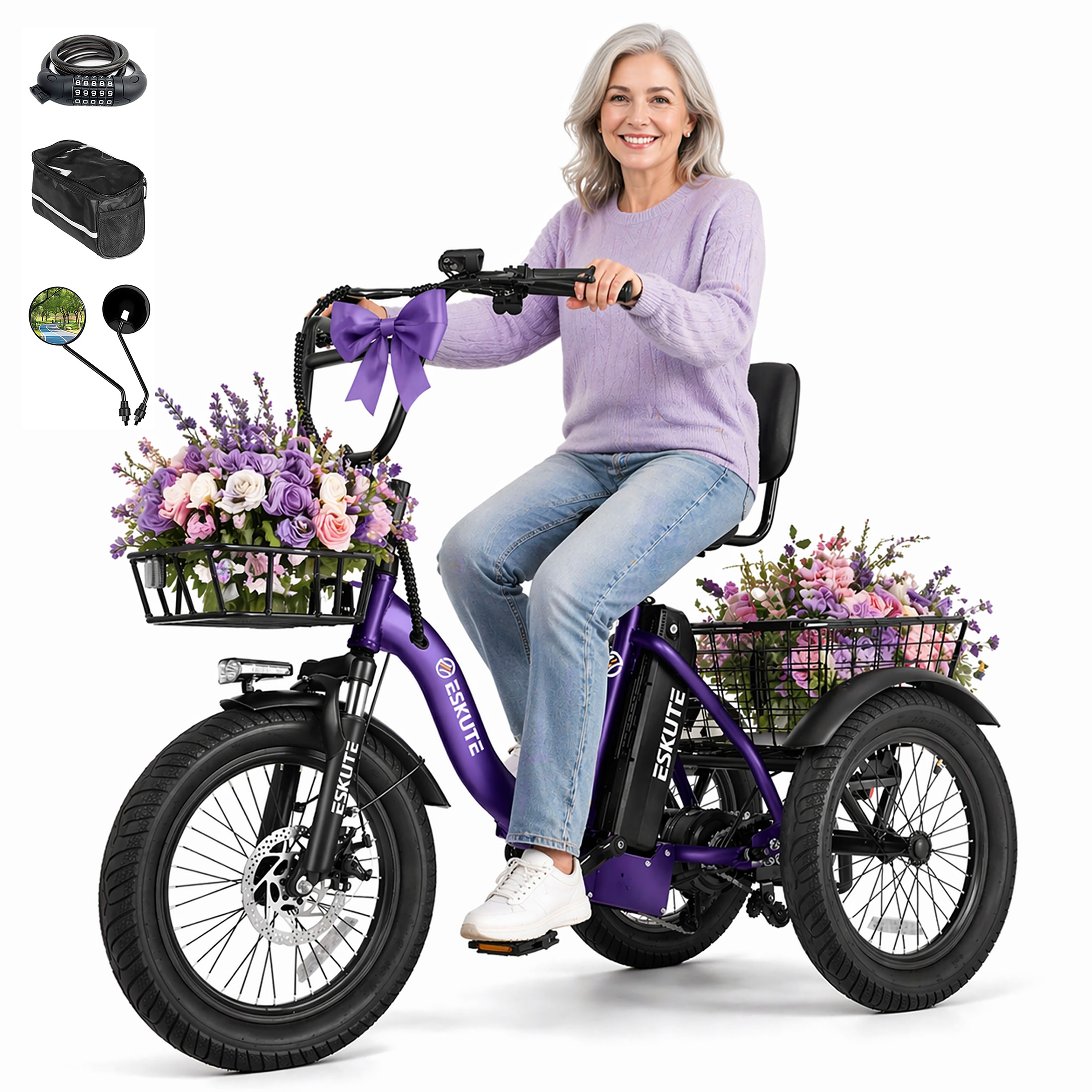 T300D Electric Tricycle for Adults, 1200W Peak Motor, Up to 55 Miles Range, 624Wh Removable Battery, Folding 3-Wheel Ebike with 18x3.0 Fat Tires, Step-Through Black