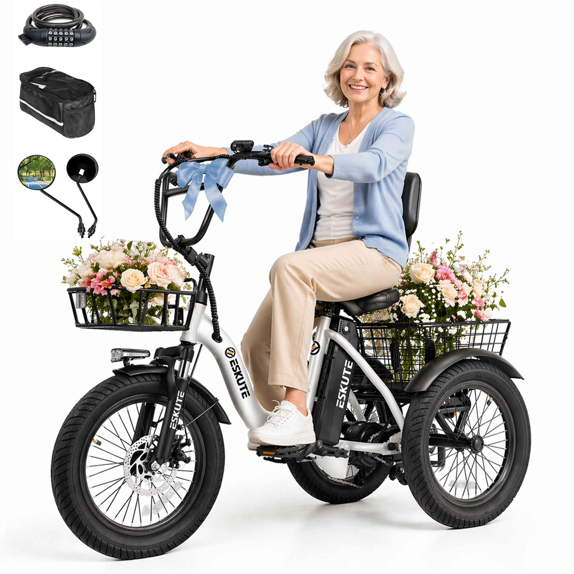 T300D Electric Tricycle for Adults, 1200W Peak Motor, Up to 55 Miles Range, 624Wh Removable Battery, Folding 3-Wheel Ebike with 18x3.0 Fat Tires, Step-Through Black